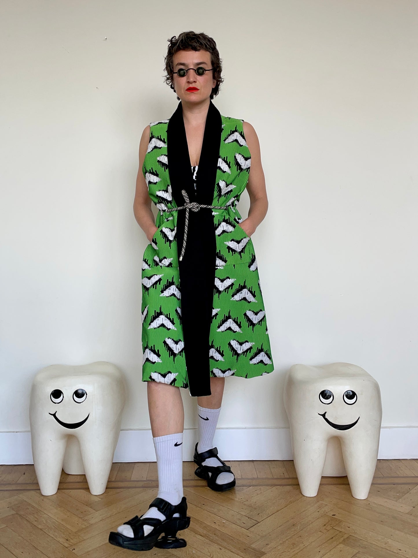 Jean-Paul Lespagnard green, white and black graphic "wheel traces" jacquard waist coat