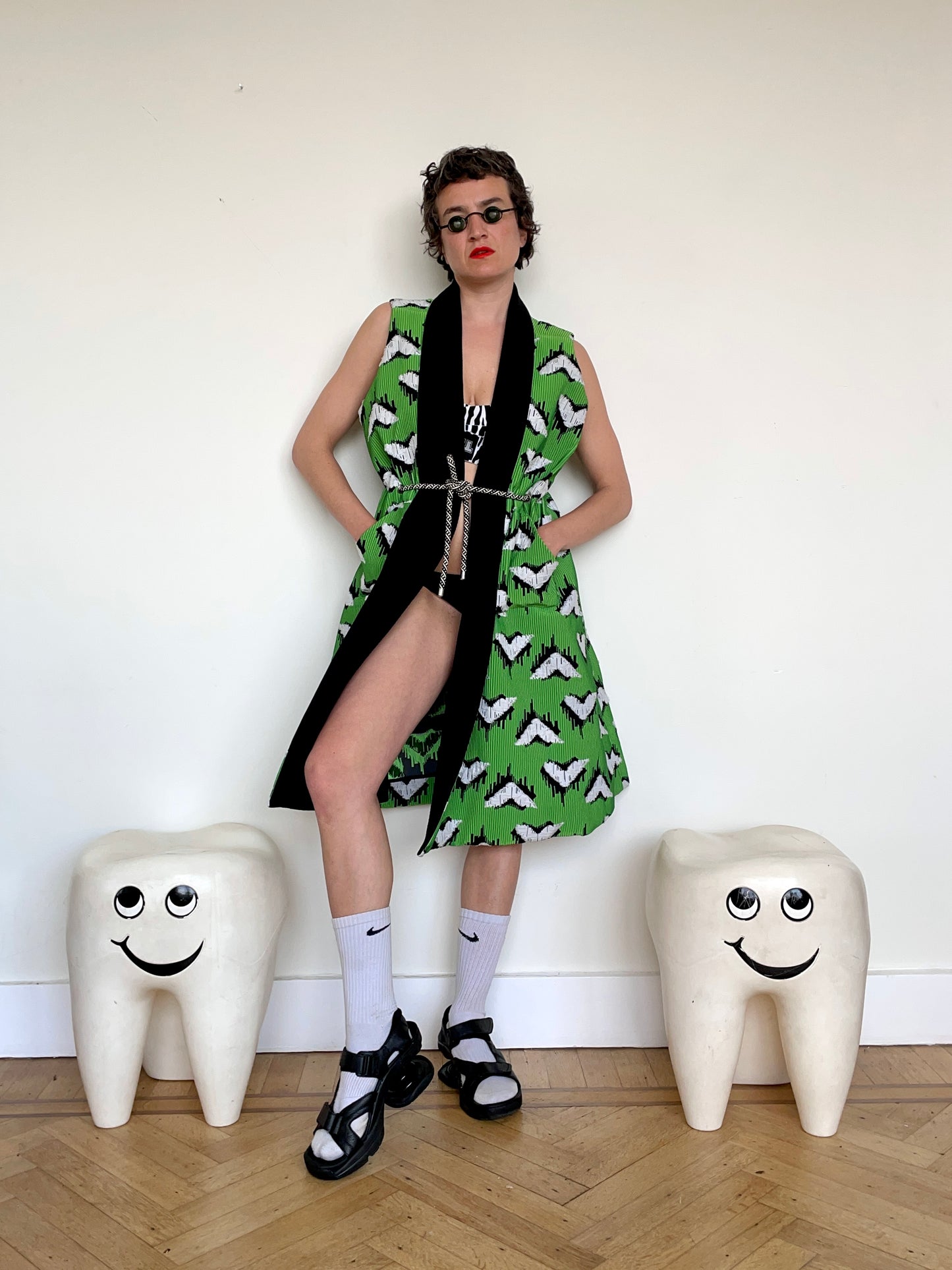 Jean-Paul Lespagnard green, white and black graphic "wheel traces" jacquard waist coat
