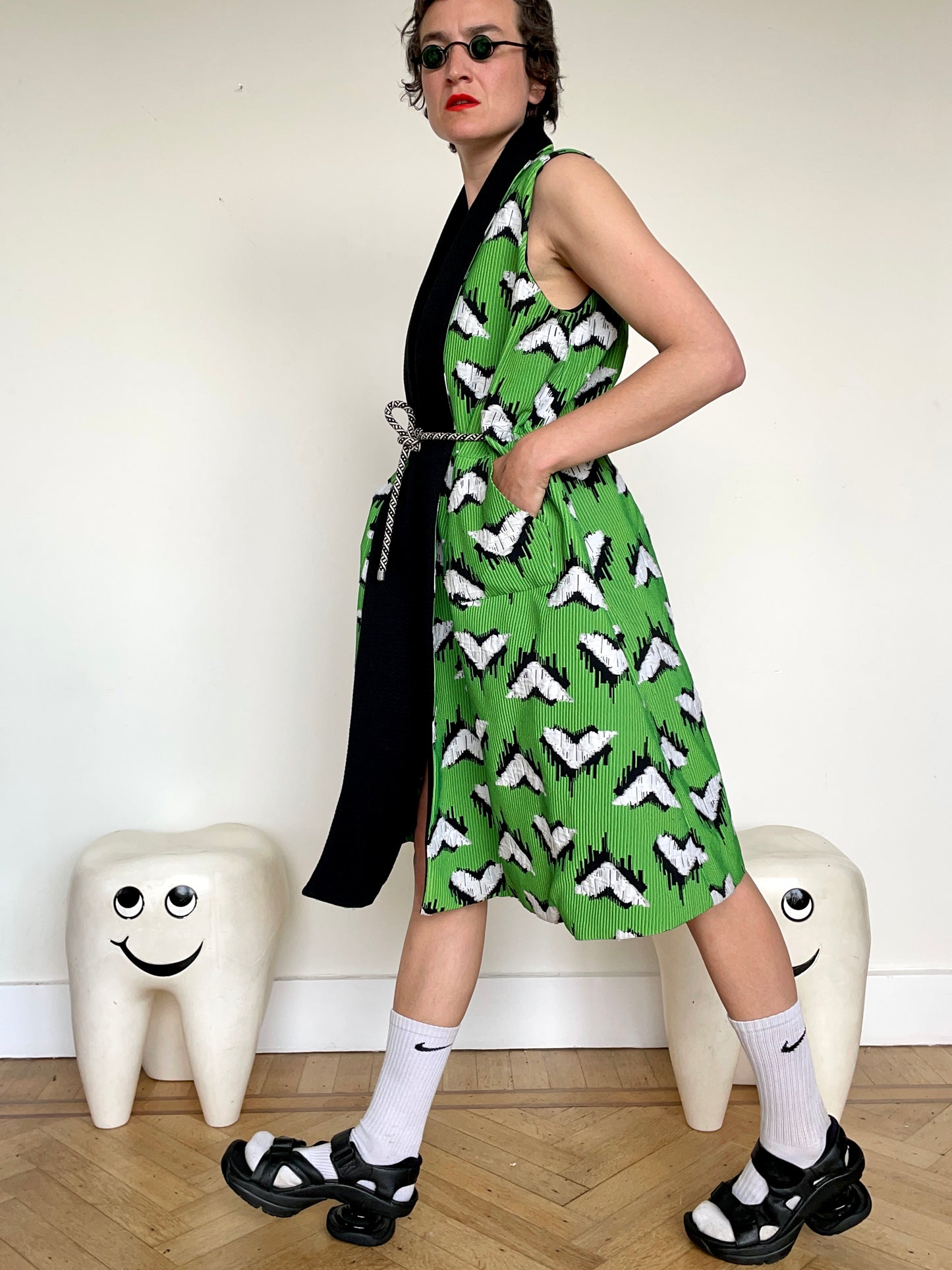 Jean-Paul Lespagnard green, white and black graphic "wheel traces" jacquard waist coat