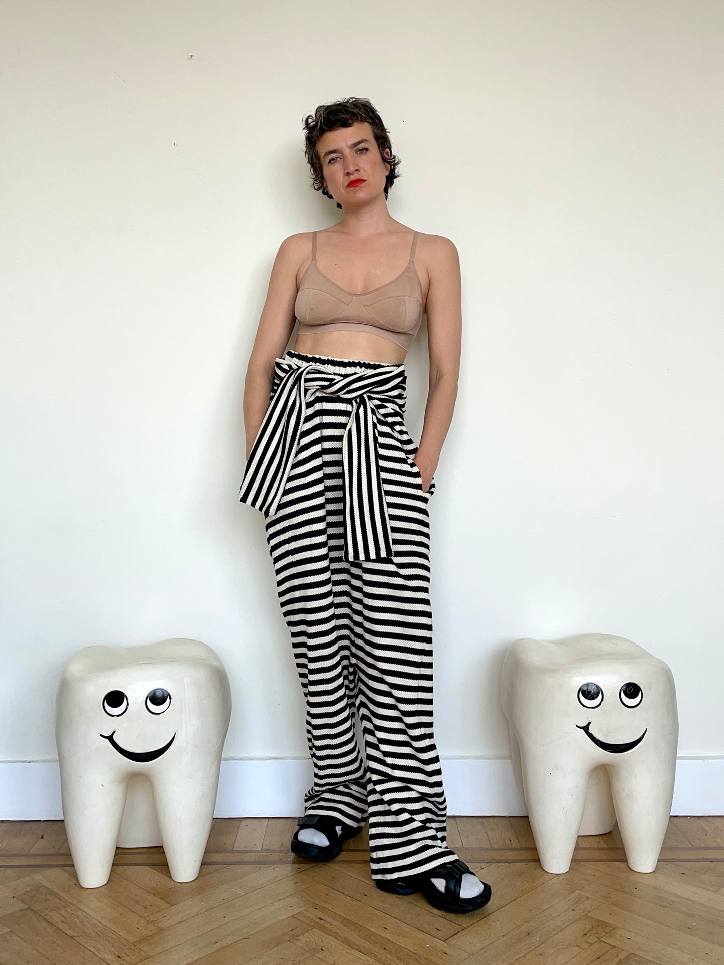 Jean-Paul Lespagnard's black and white striped knit hybrid jumpsuit / trousers