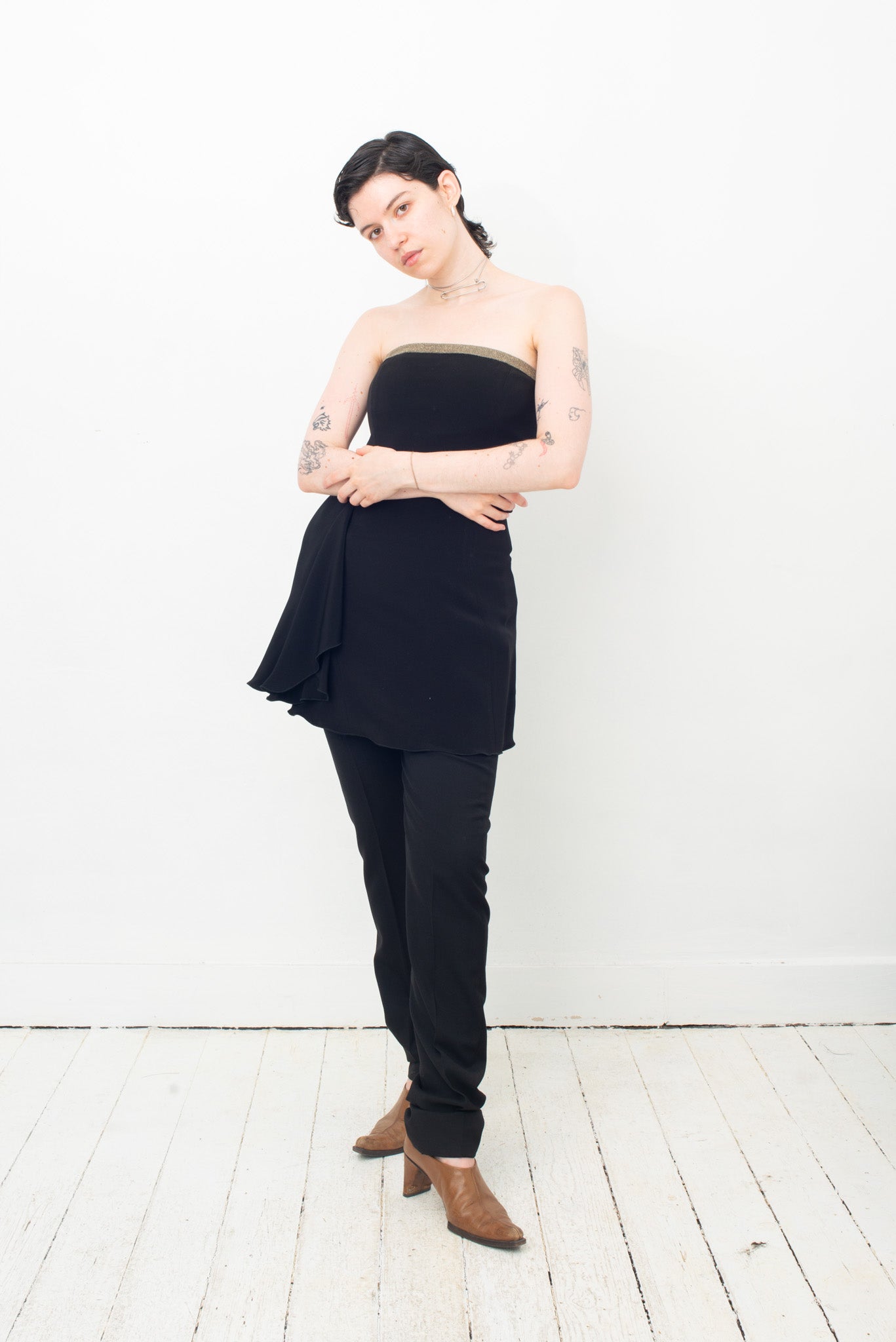Emporio Armani 2000's black bustier dress with golden belt detail