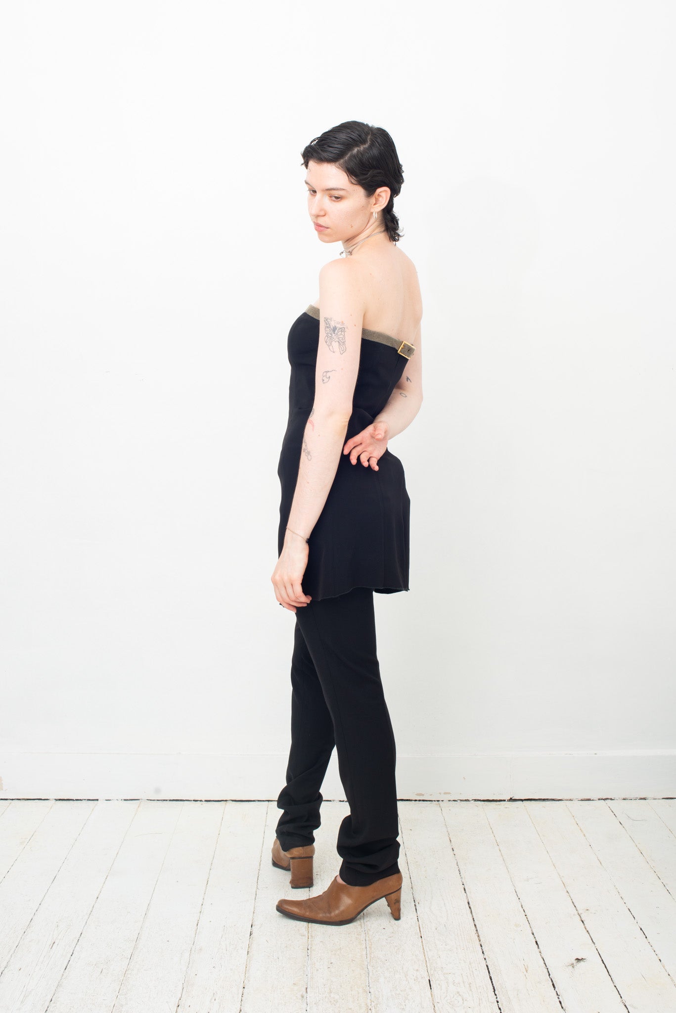 Emporio Armani 2000's black bustier dress with golden belt detail