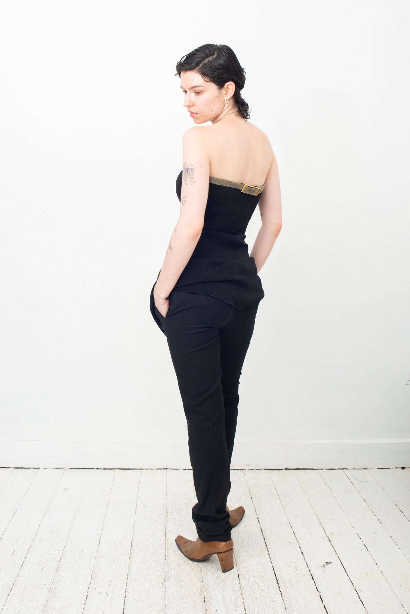 Emporio Armani 2000's black bustier dress with golden belt detail