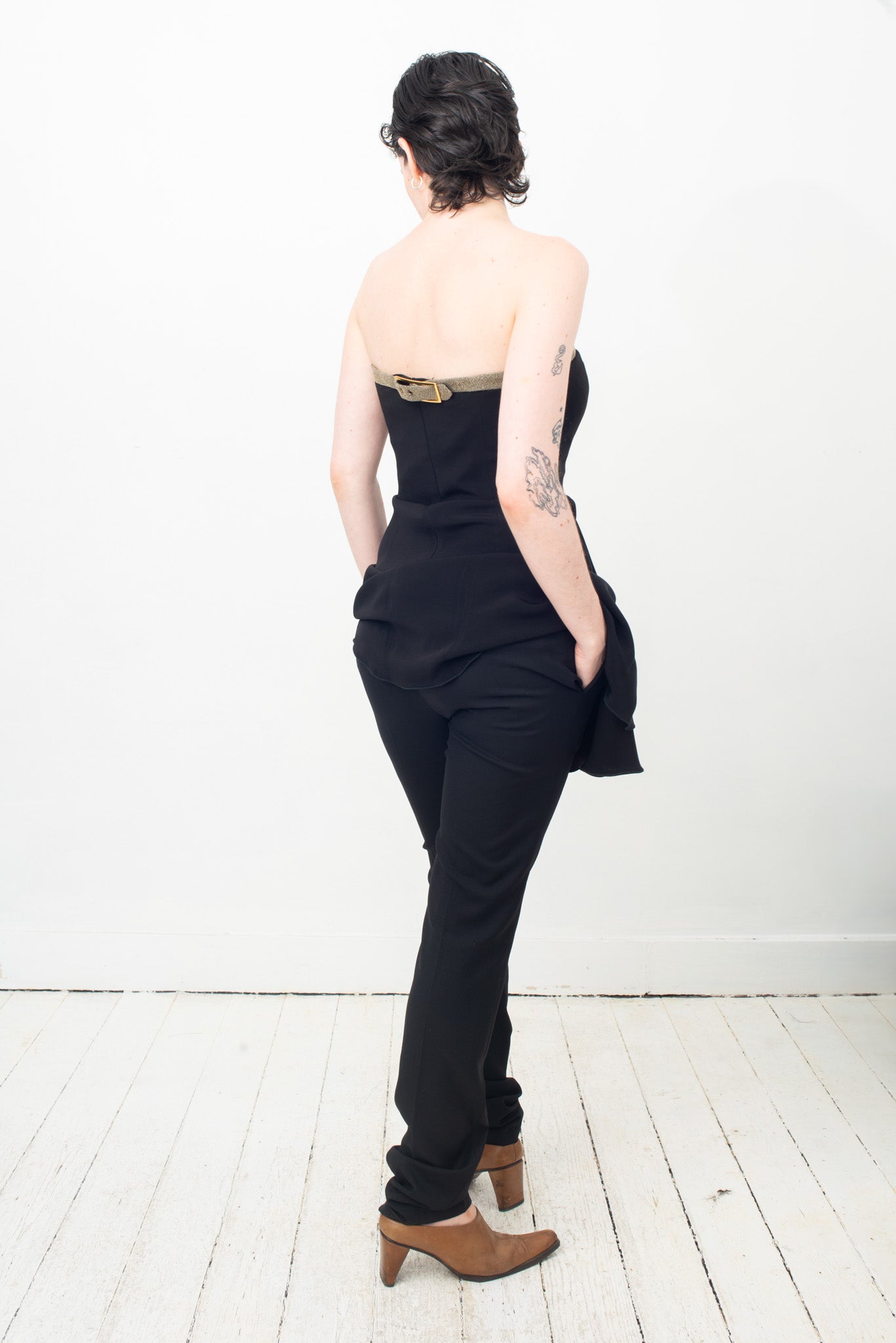 Emporio Armani 2000's black bustier dress with golden belt detail