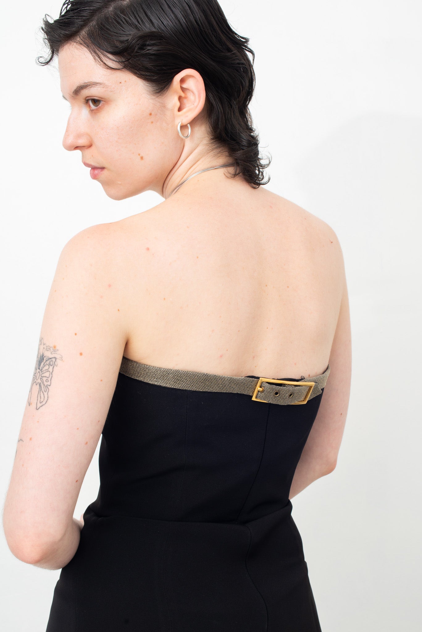 Emporio Armani 2000's black bustier dress with golden belt detail