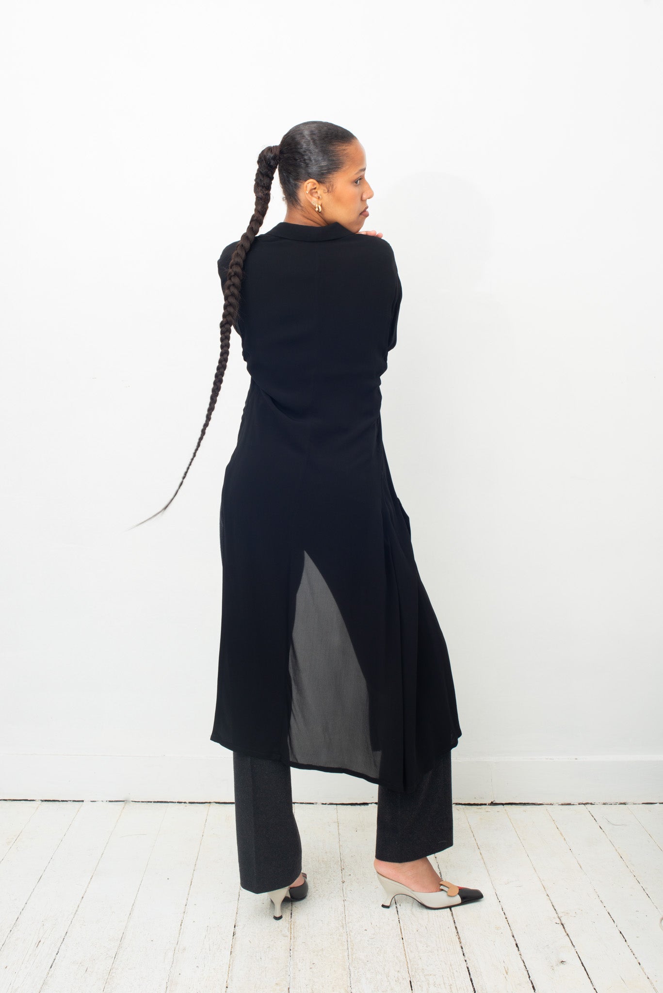 Yohji Yamamoto asymmetric black sheer long jacket