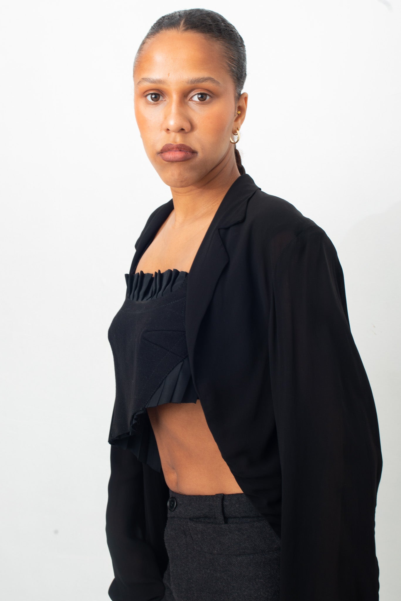 Yohji Yamamoto asymmetric black sheer long jacket