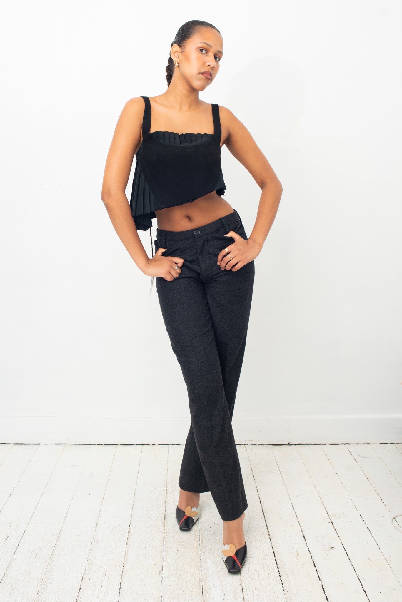 Dirk Bikkembergs 2000's asymmetric pleats and wool black crop top.