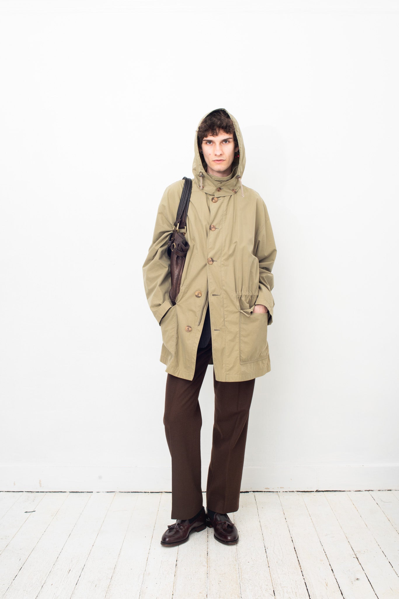 Giorgio Armani 90's grayish green waxed cotton coat with hood