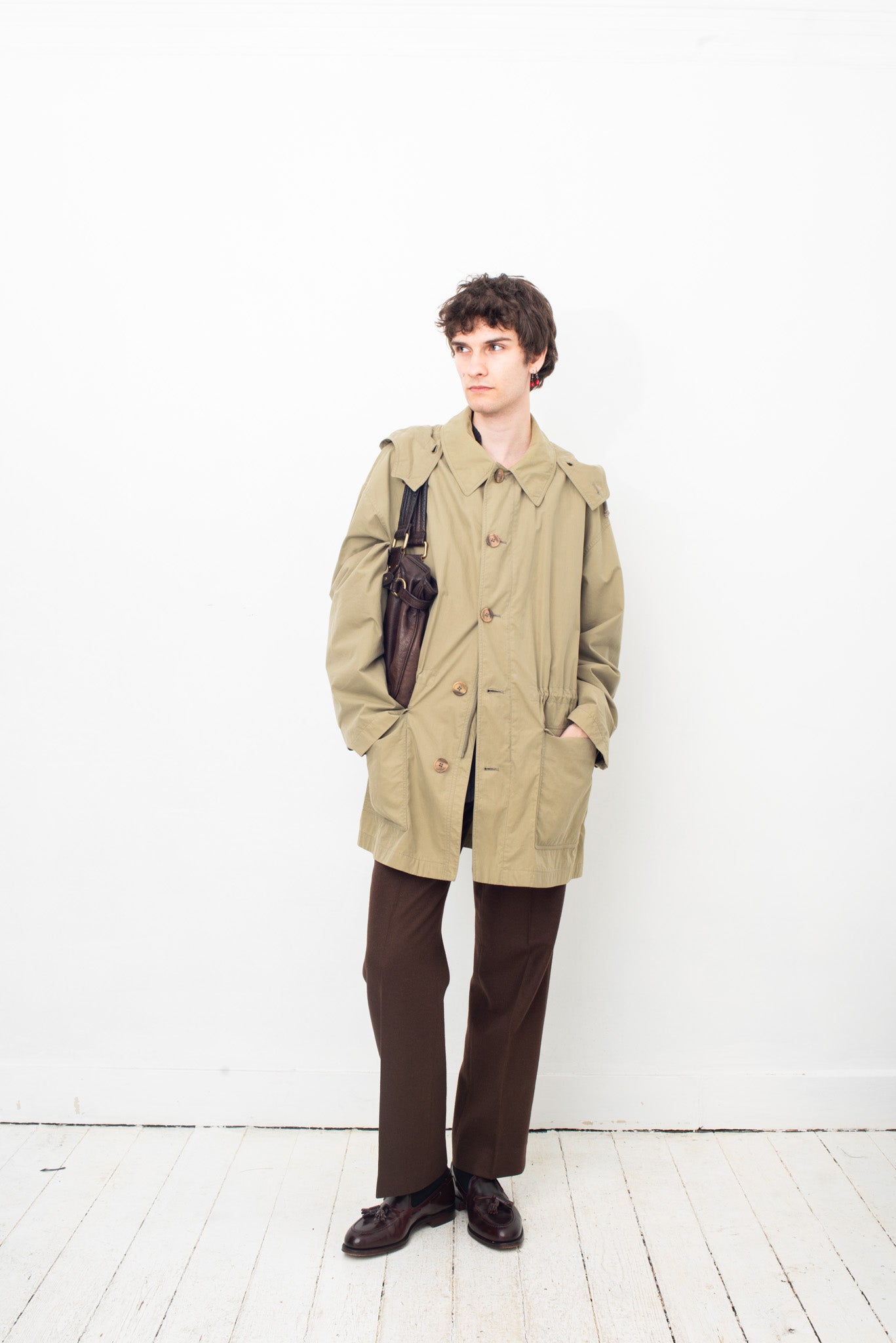 Giorgio Armani 90's grayish green waxed cotton coat with hood