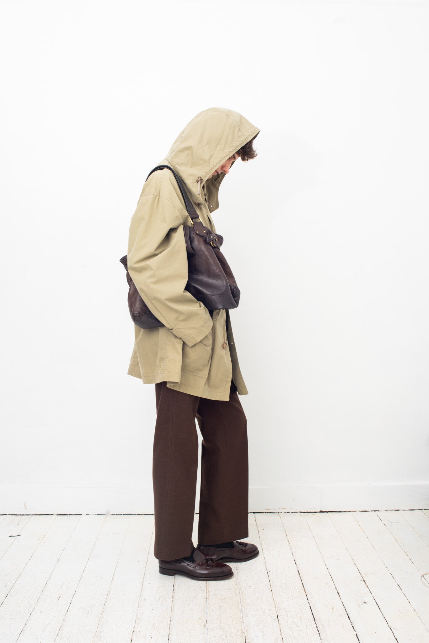 Giorgio Armani 90's grayish green waxed cotton coat with hood