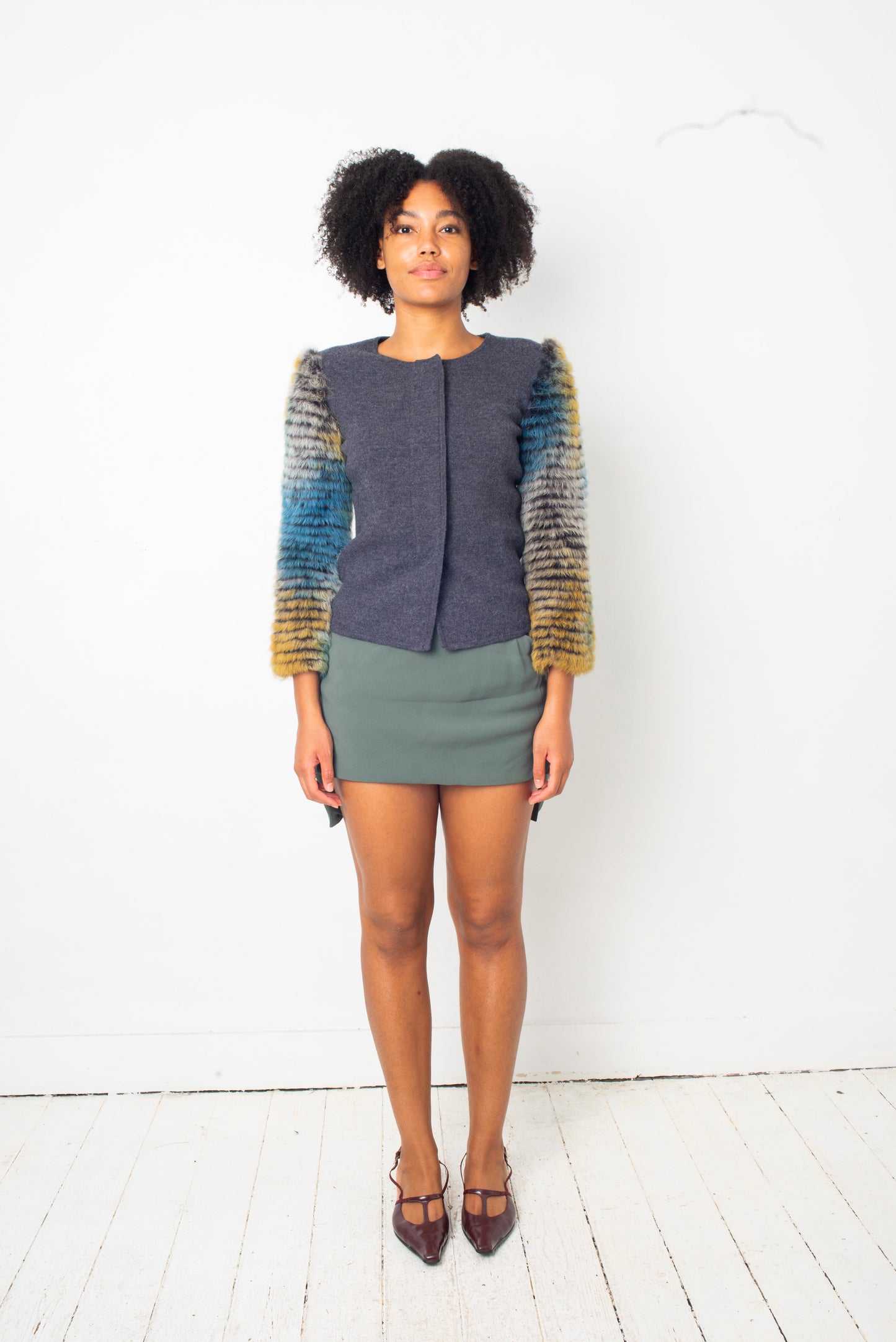 Emporio Armani FW 2015 wool grey cardigan with dyed rabbit fur sleeves