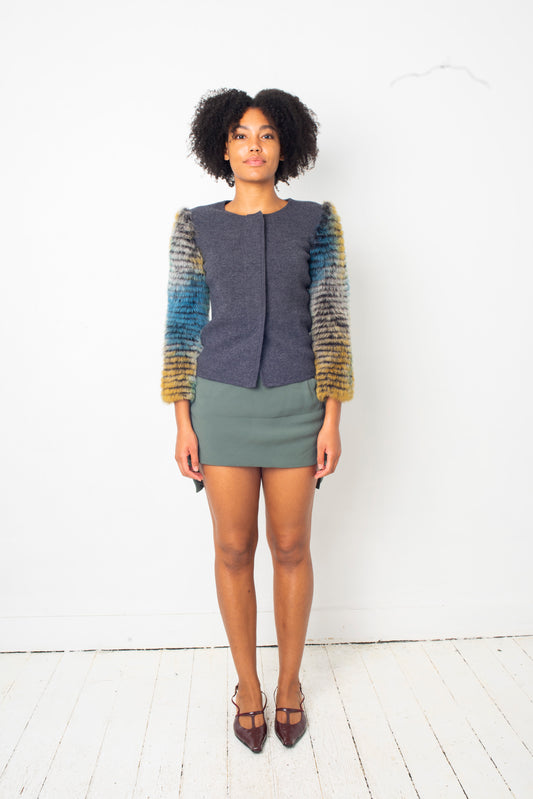 Emporio Armani FW 2015 wool grey cardigan with dyed rabbit fur sleeves