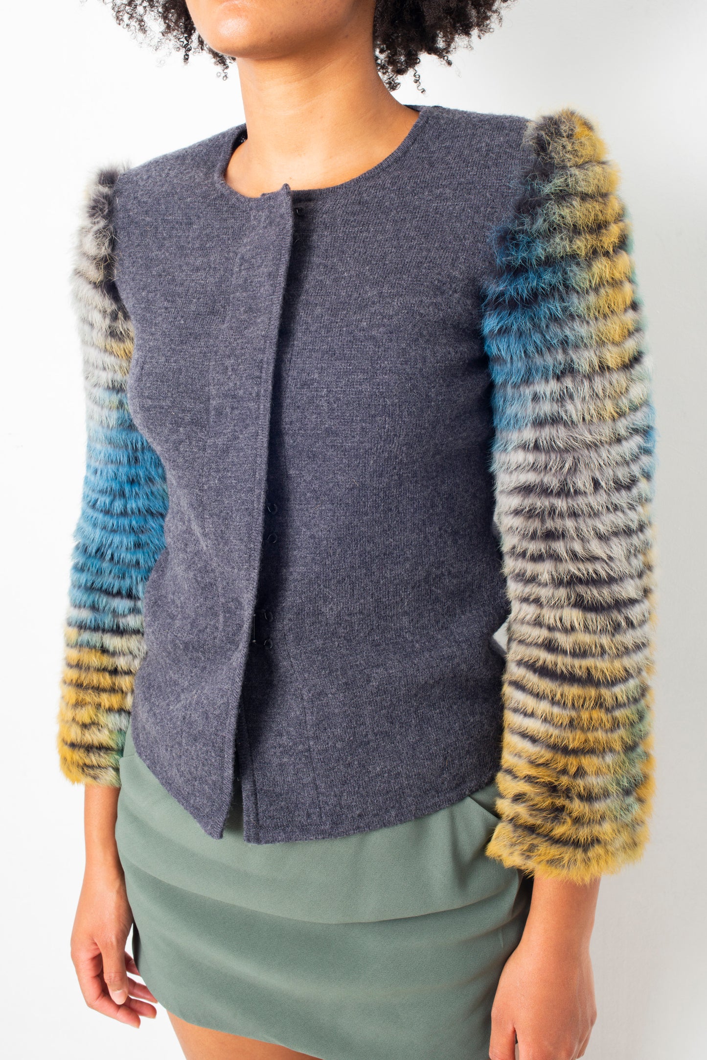 Emporio Armani FW 2015 wool grey cardigan with dyed rabbit fur sleeves