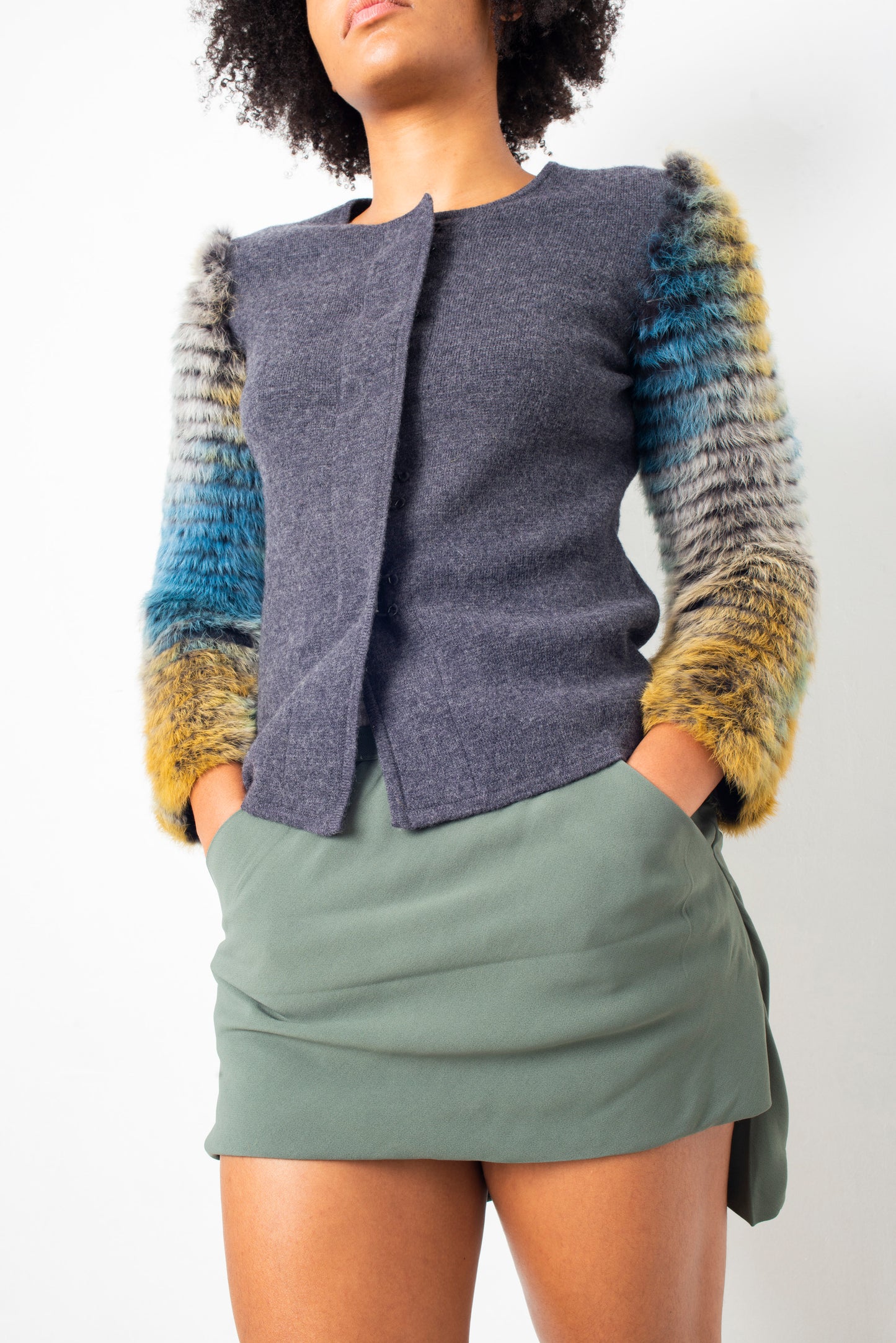 Emporio Armani FW 2015 wool grey cardigan with dyed rabbit fur sleeves