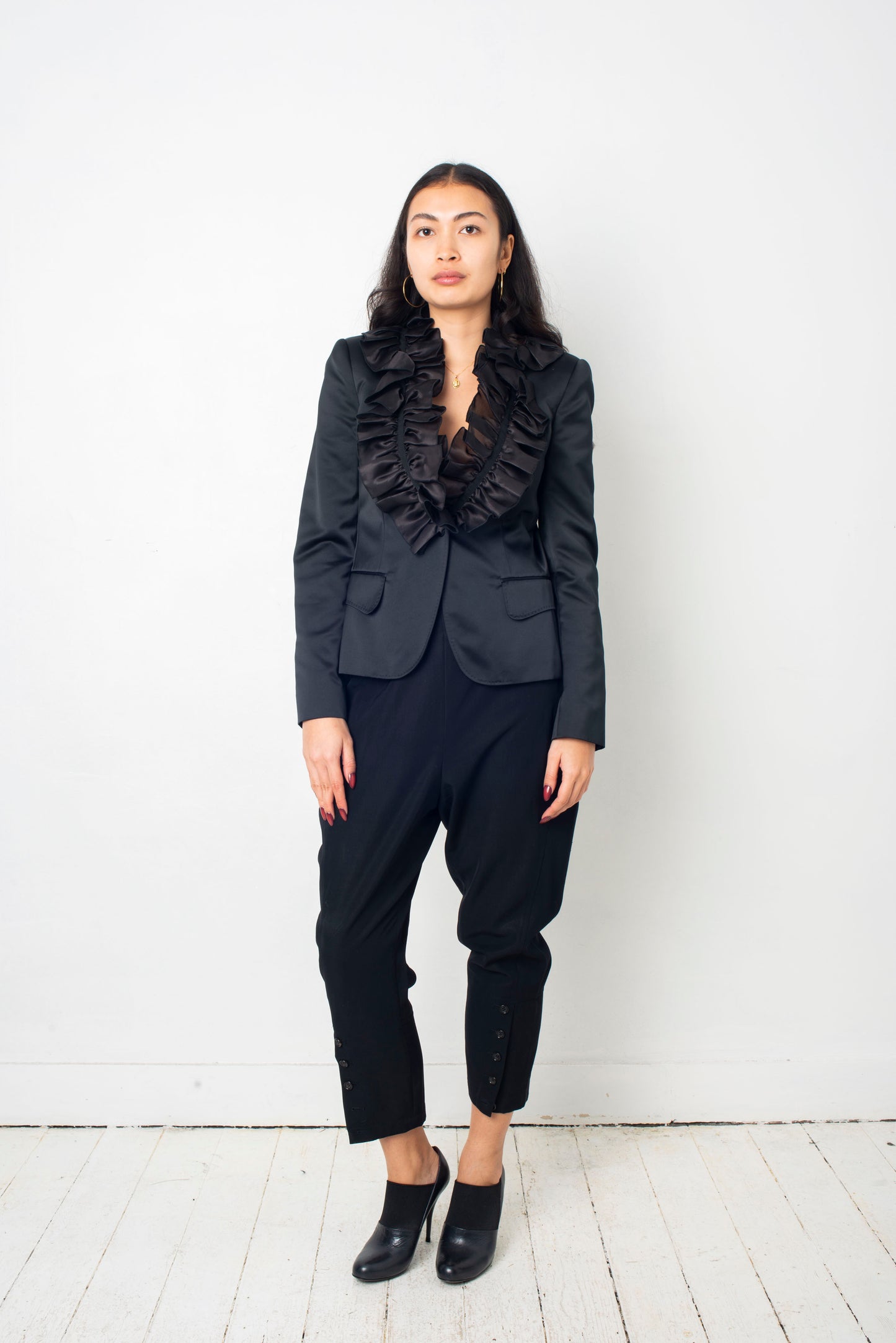 D&G black silk smoking blazer with ruffled collar