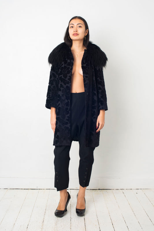 Dolce & Gabbana 2010's black velvet coat with dévoré floral print & fox fur collar