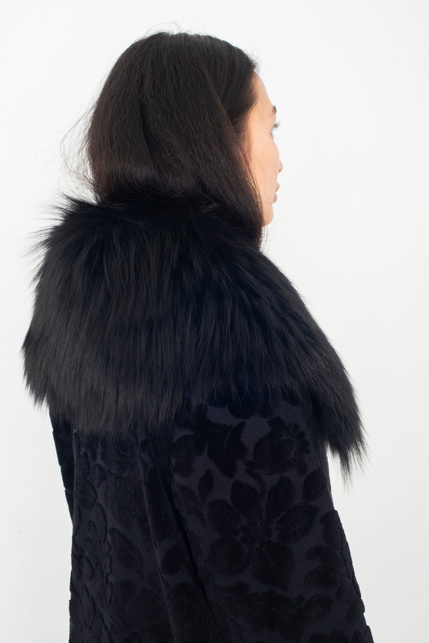Dolce & Gabbana 2010's black velvet coat with dévoré floral print & fox fur collar