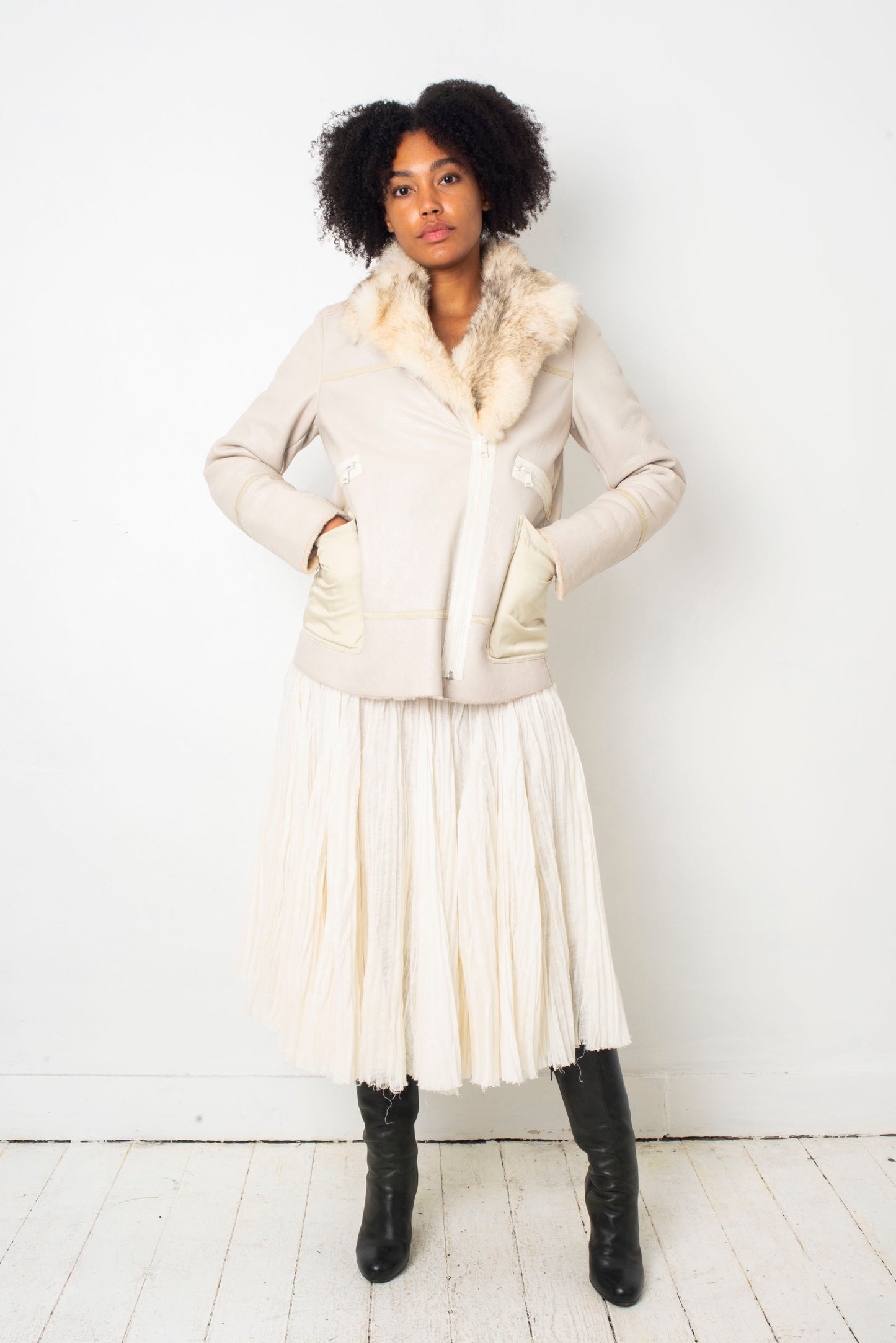 Prada linea rossa 2007 dyed shearling leather coat with fox collar and nylon pockets