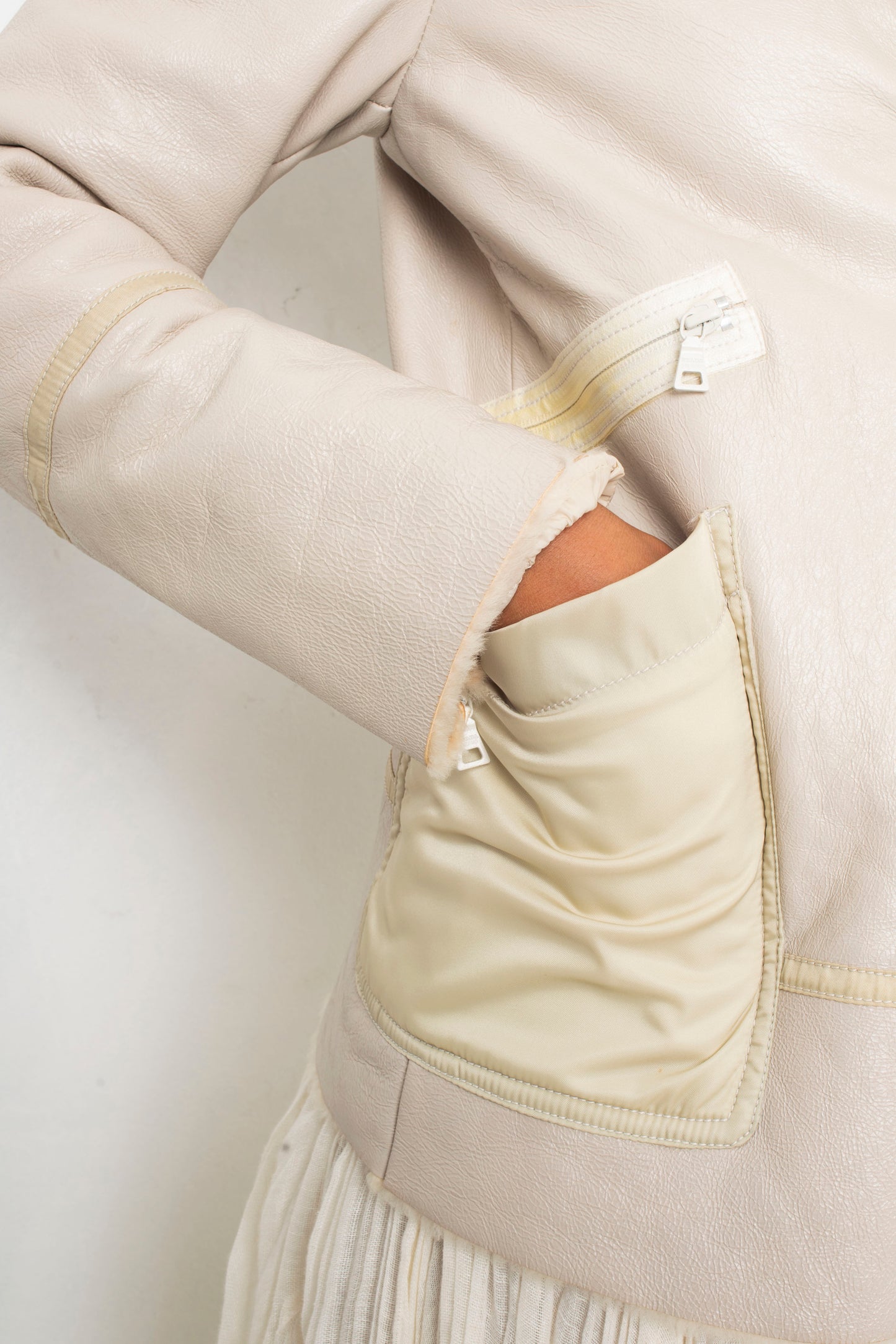 Prada linea rossa 2007 dyed shearling leather coat with fox collar and nylon pockets