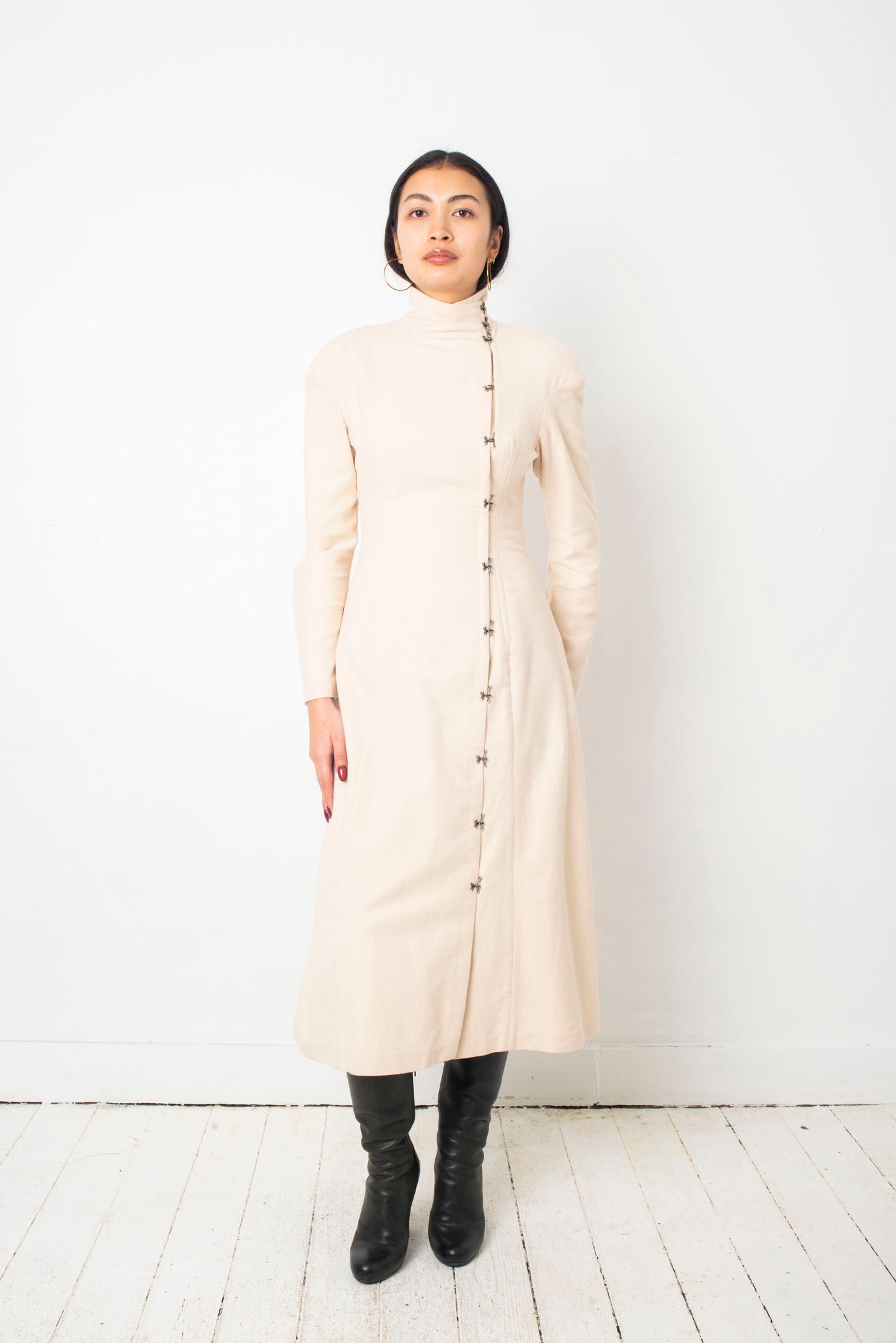 Chloé FW 2001 beige coat with integrated corset and metallic rooster / dragon plate