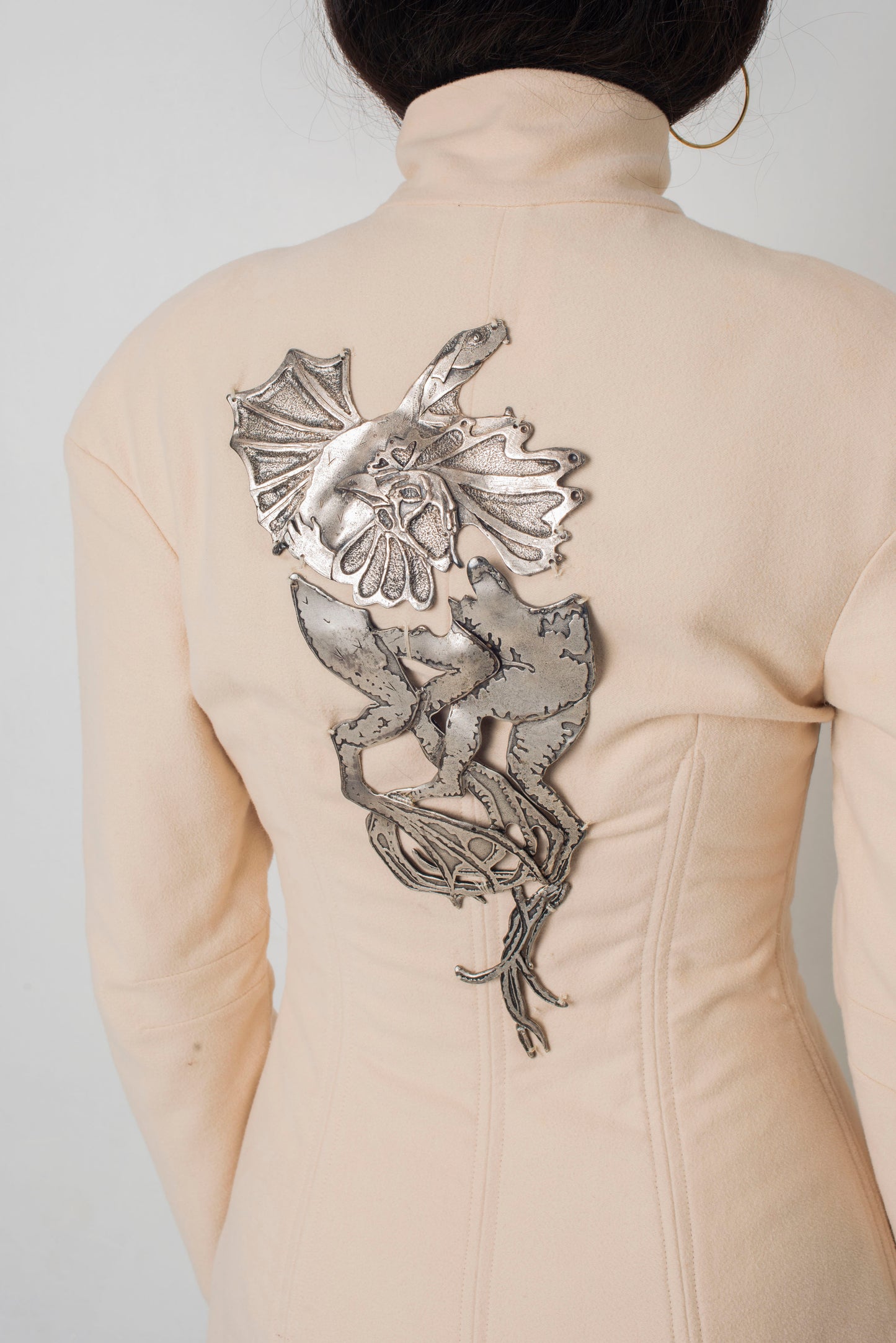 Chloé FW 2001 beige coat with integrated corset and metallic rooster / dragon plate