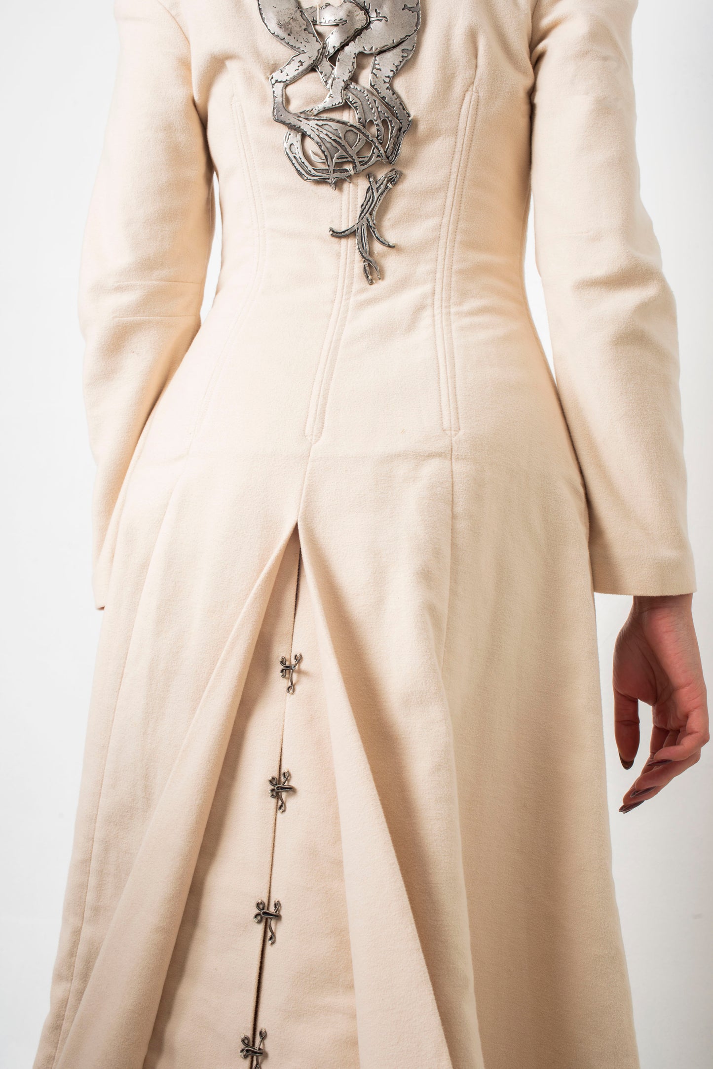 Chloé FW 2001 beige coat with integrated corset and metallic rooster / dragon plate
