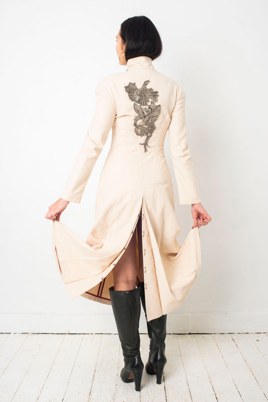 Chloé FW 2001 beige coat with integrated corset and metallic rooster / dragon plate