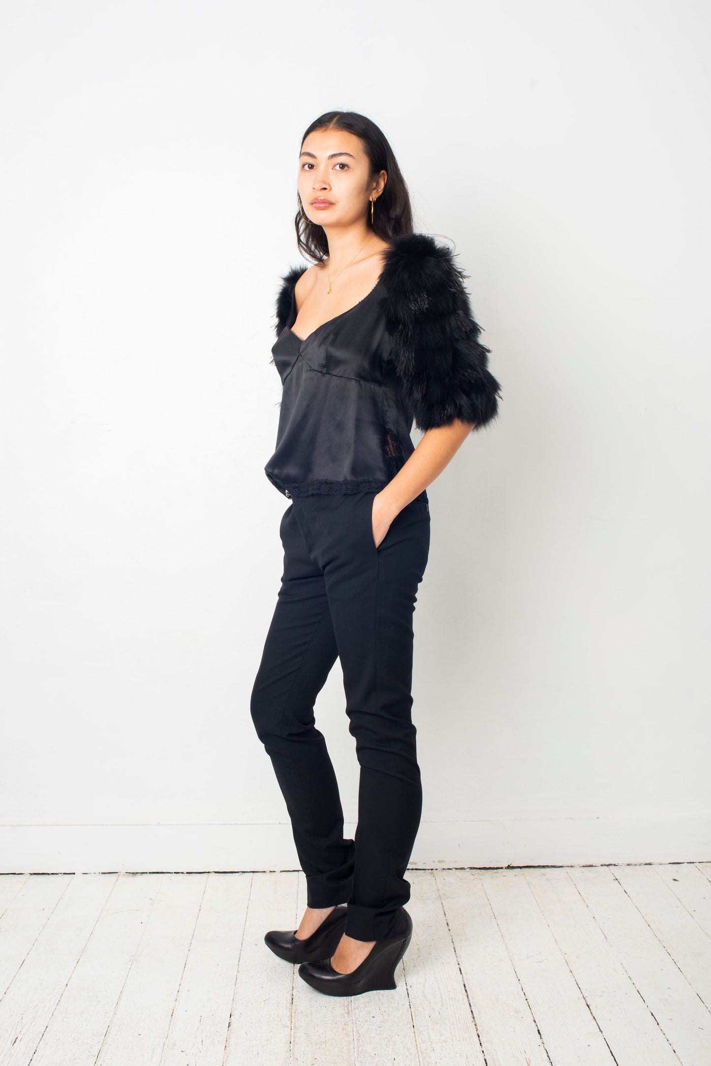Emporio Armani FW 2004 black silk top with fur and feather sleeves