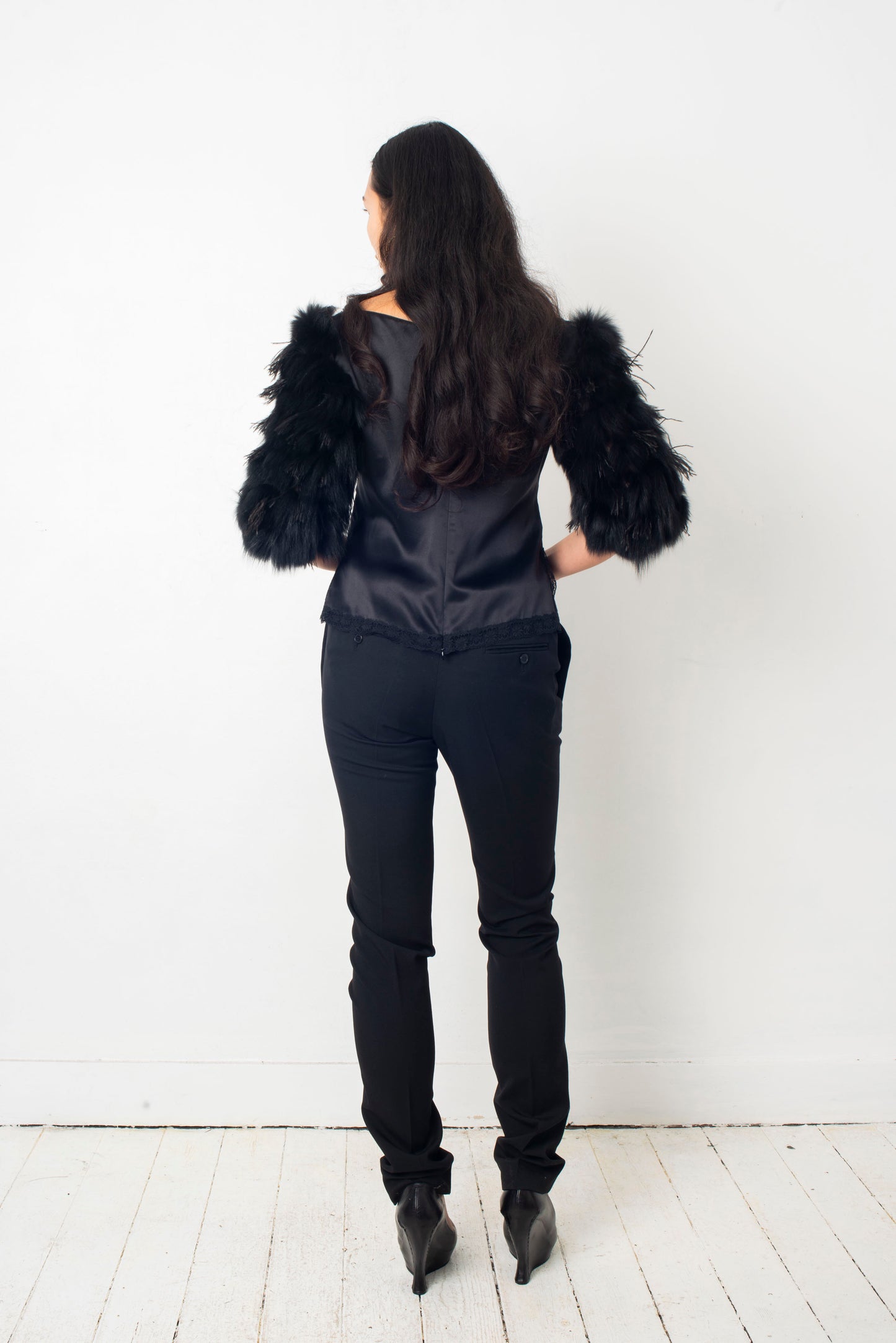 Emporio Armani FW 2004 black silk top with fur and feather sleeves
