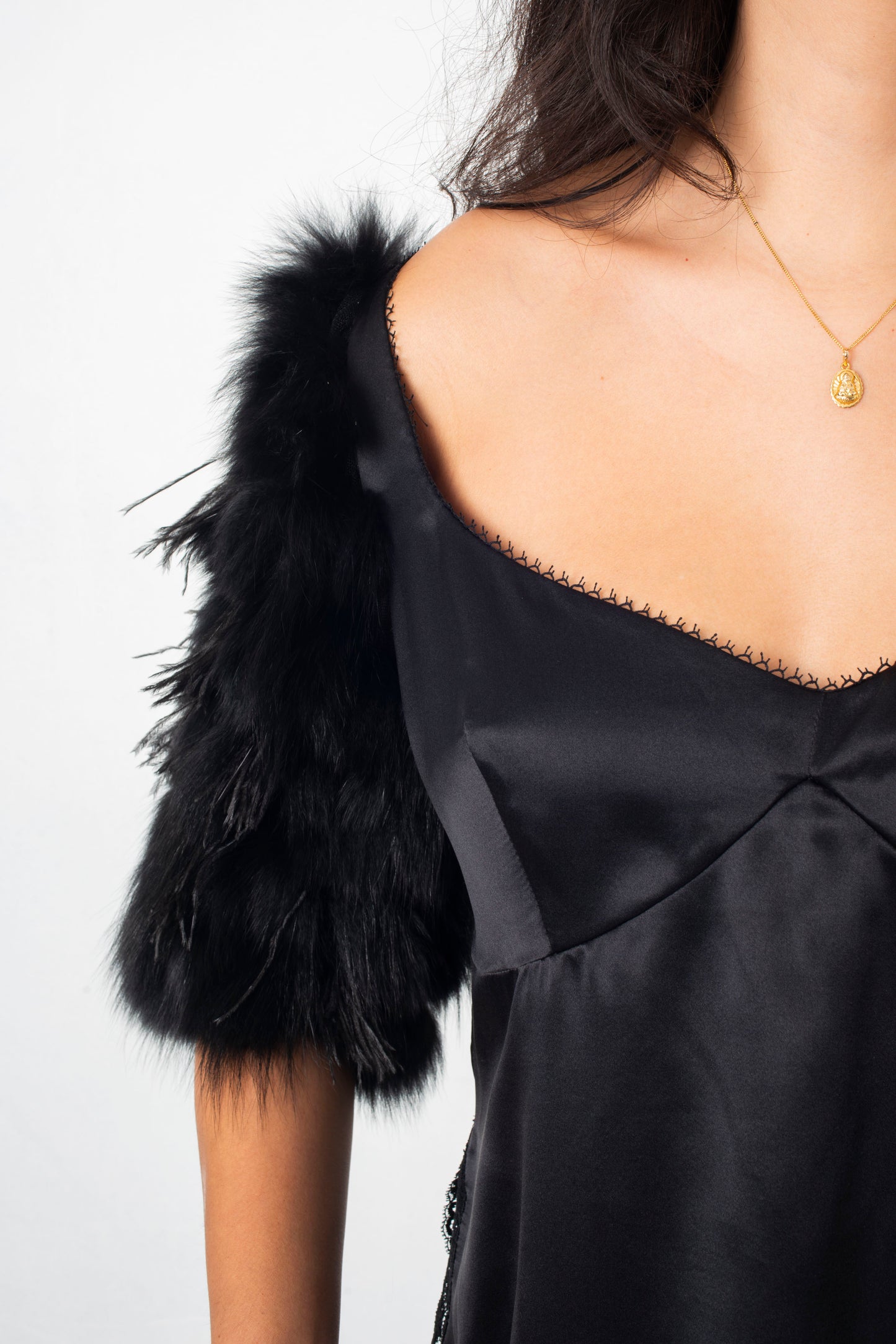 Emporio Armani FW 2004 black silk top with fur and feather sleeves