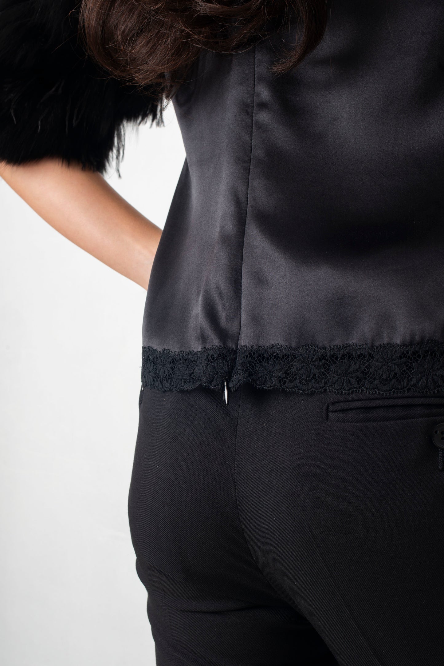 Emporio Armani FW 2004 black silk top with fur and feather sleeves
