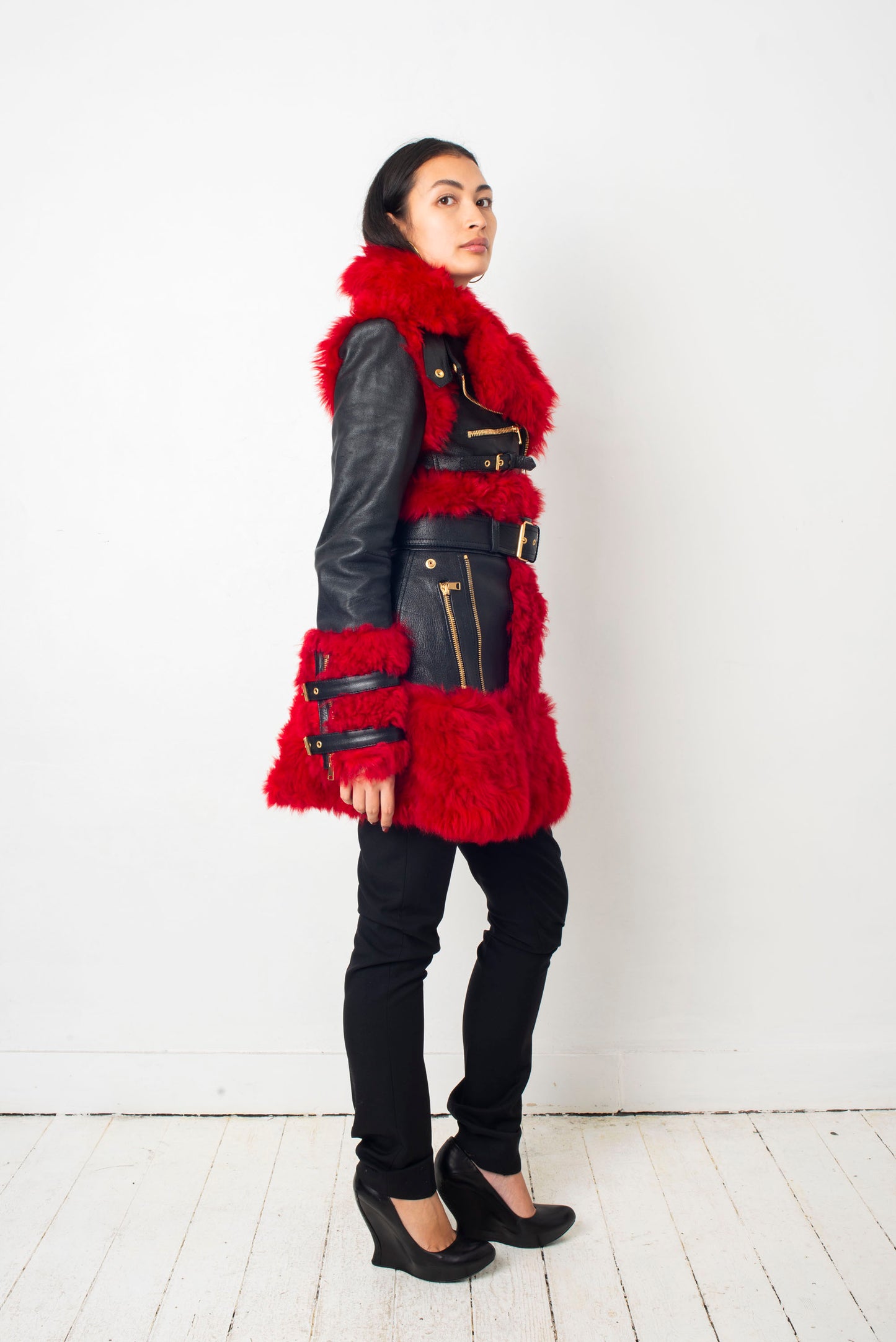 Alexander McQueen FW 2017 black leather and red dyed shearling fur paneled coat