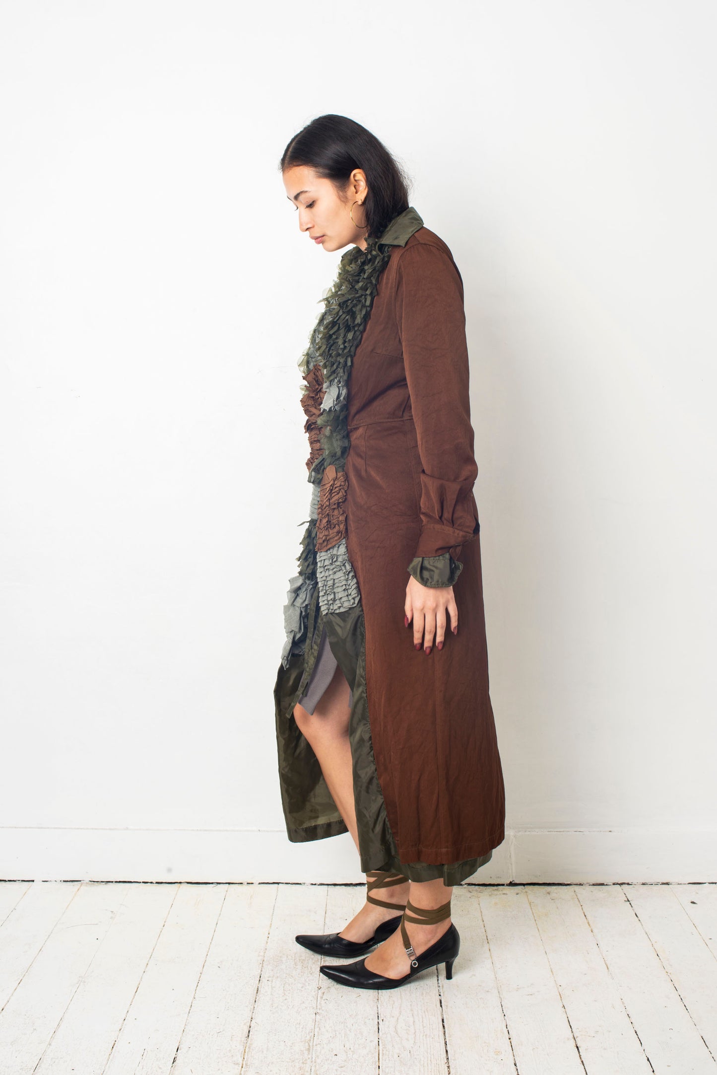 Comme des Garçons SS 2000 reversible brown and khaki ruffle coat