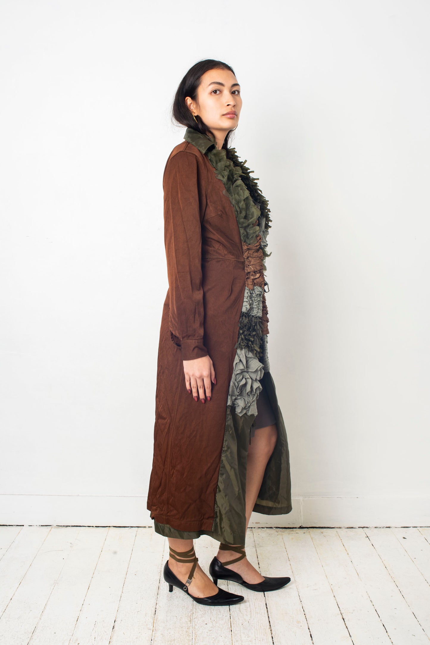 Comme des Garçons SS 2000 reversible brown and khaki ruffle coat