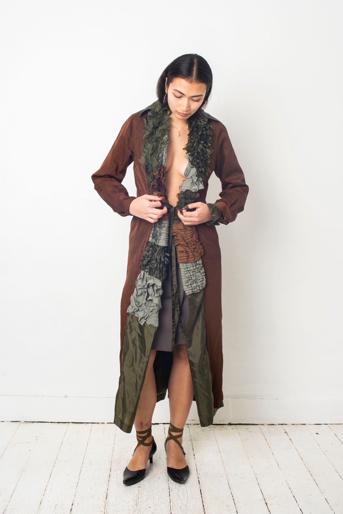 Comme des Garçons SS 2000 reversible brown and khaki ruffle coat