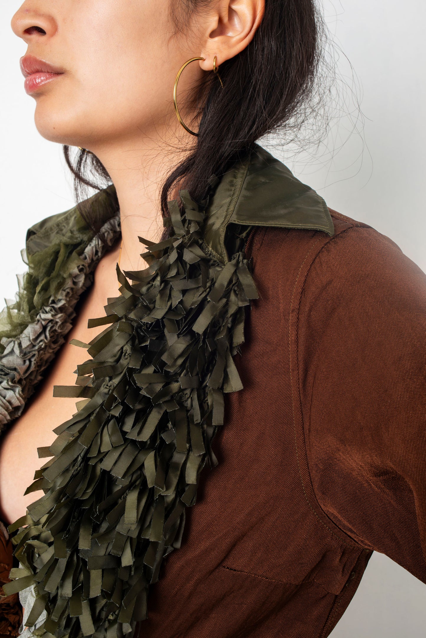 Comme des Garçons SS 2000 reversible brown and khaki ruffle coat