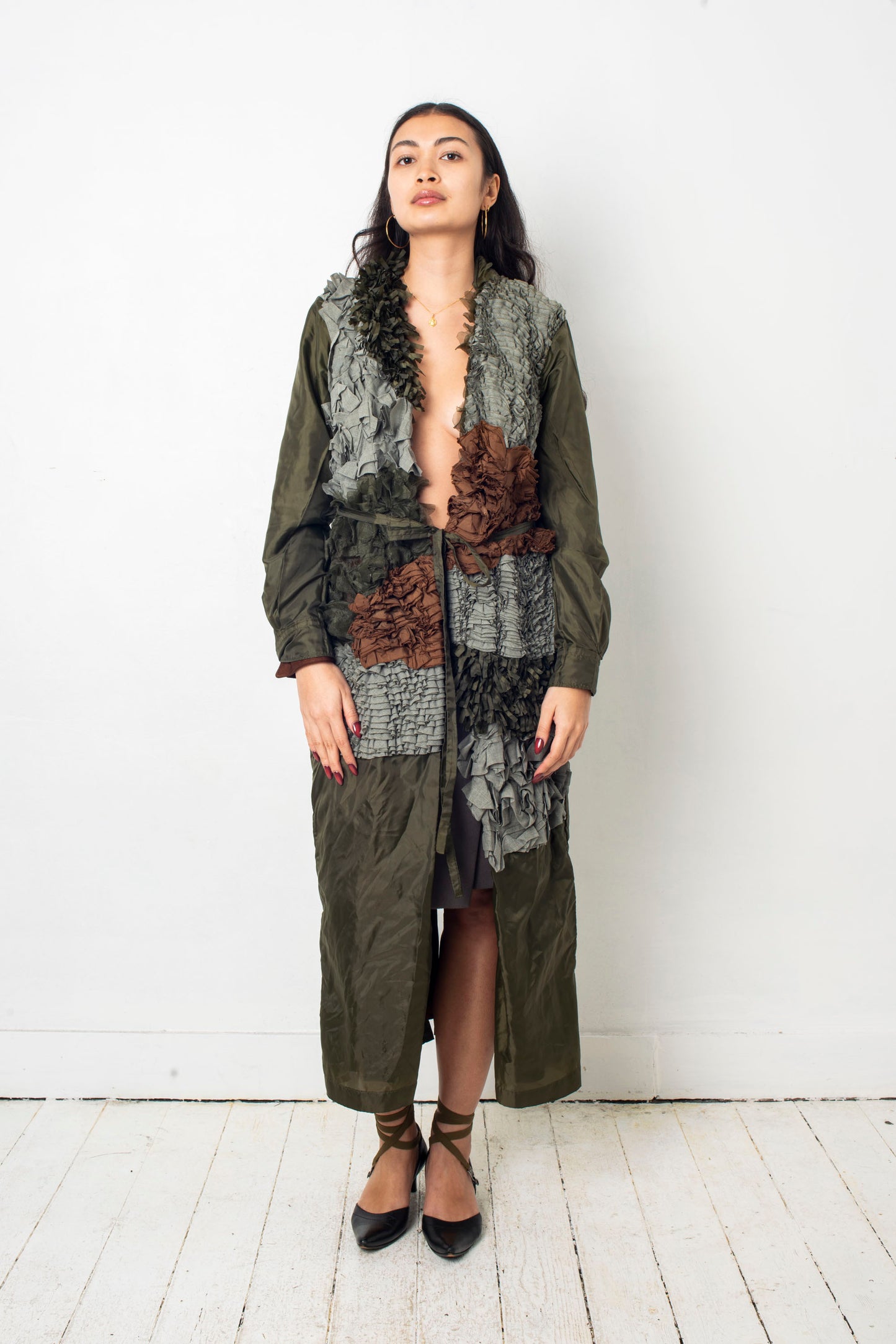 Comme des Garçons SS 2000 reversible brown and khaki ruffle coat