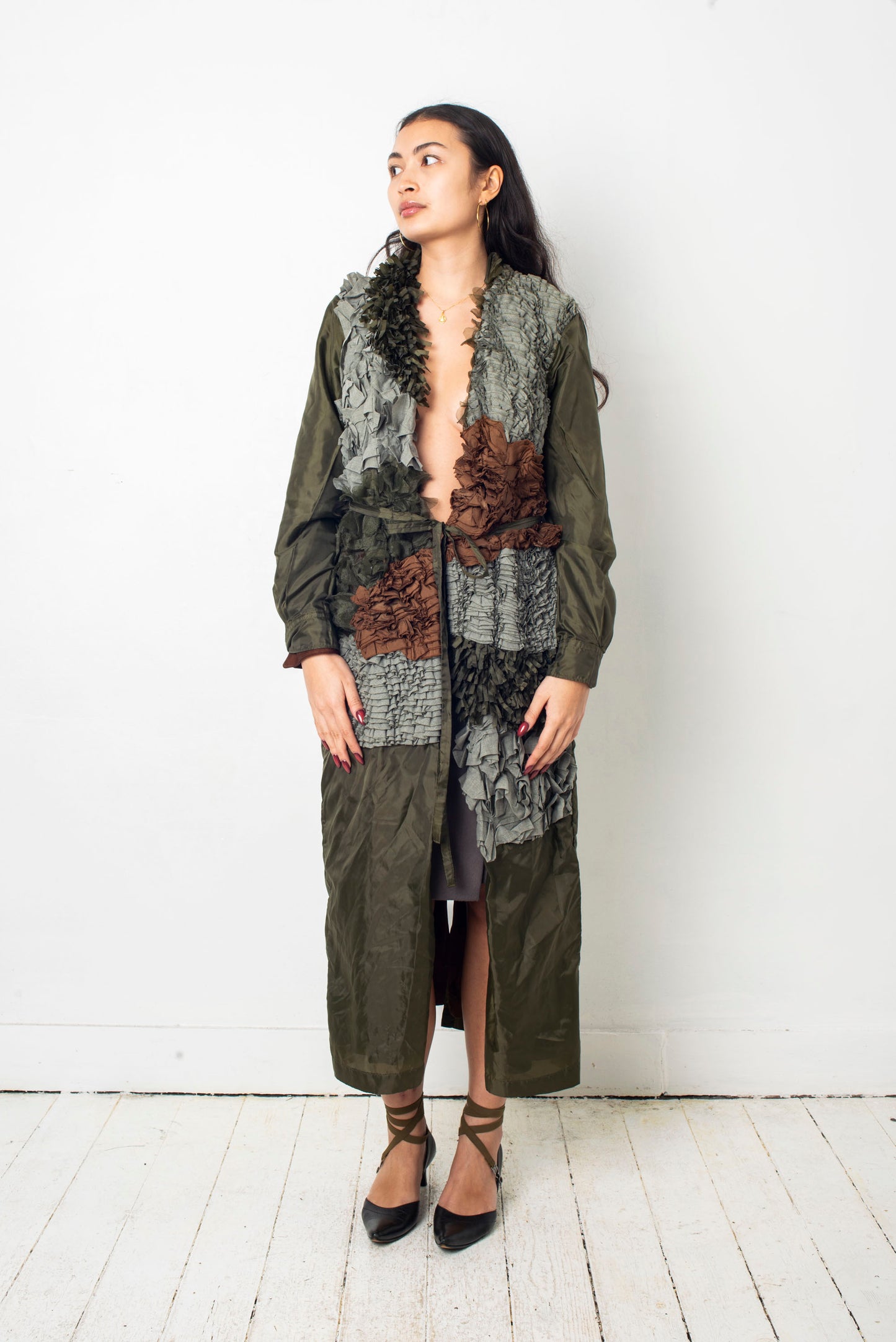 Comme des Garçons SS 2000 reversible brown and khaki ruffle coat