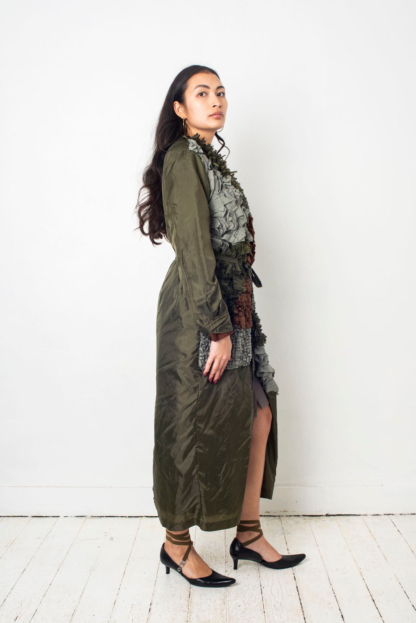 Comme des Garçons SS 2000 reversible brown and khaki ruffle coat