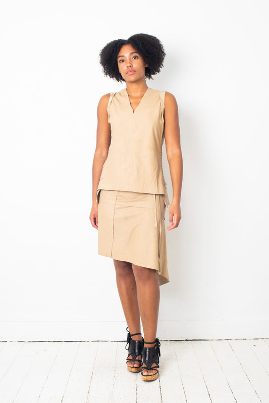 Ann Demeulemeester 2000's beige leather wrap skirt and matching top set