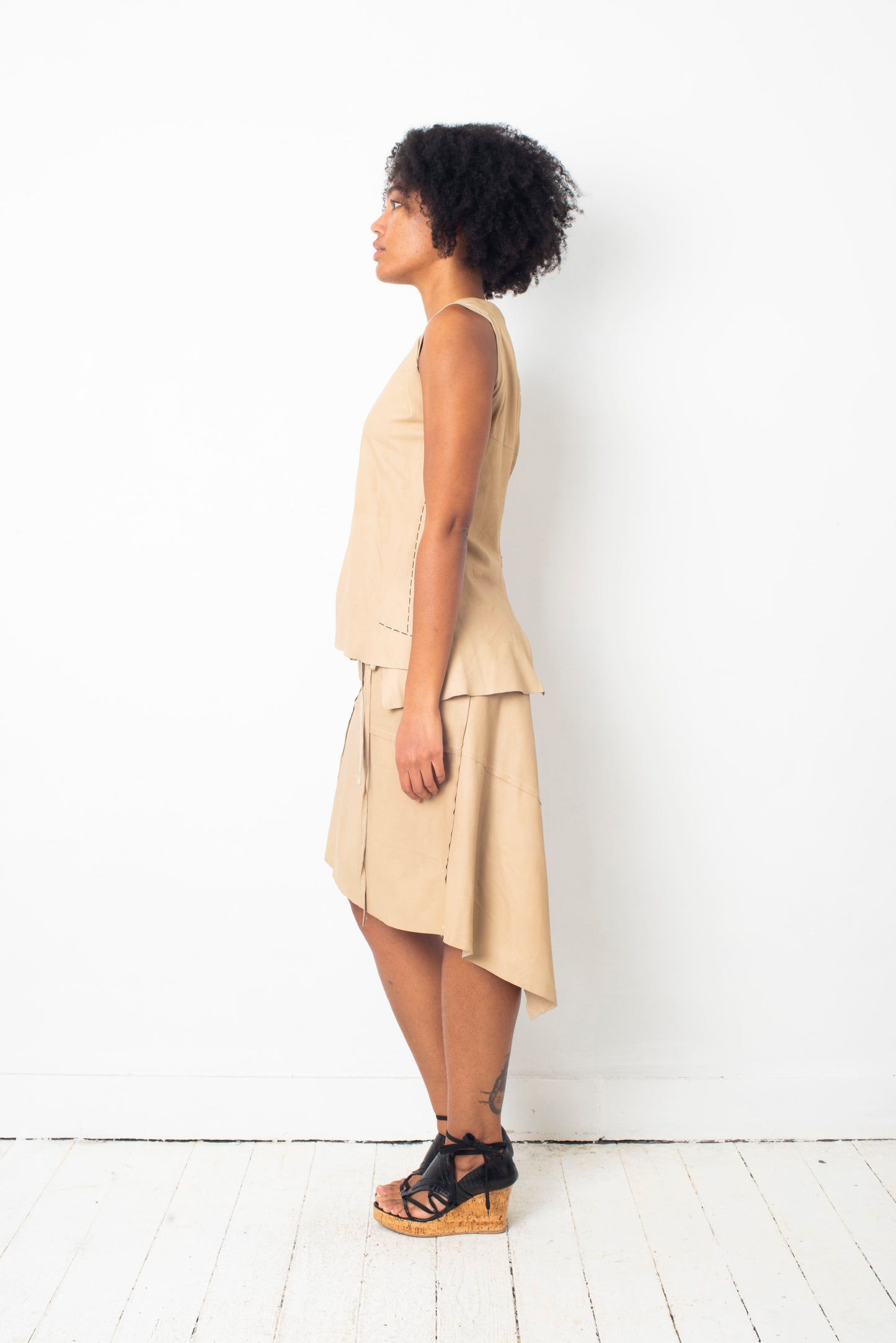 Ann Demeulemeester 2000's beige leather wrap skirt and matching top set