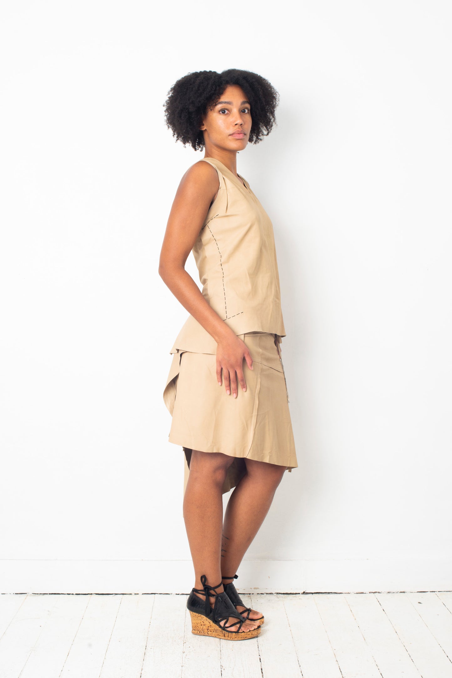 Ann Demeulemeester 2000's beige leather wrap skirt and matching top set