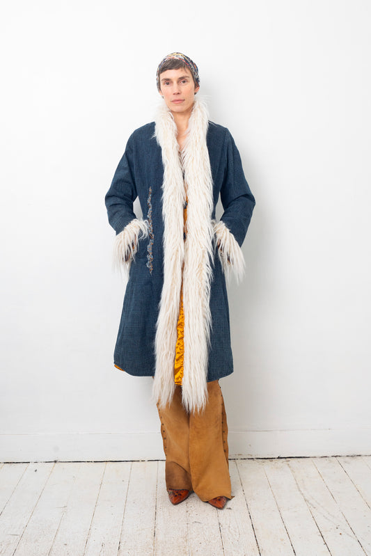 Lecoanet Hemant 2000's denim coat with faux fur white trims