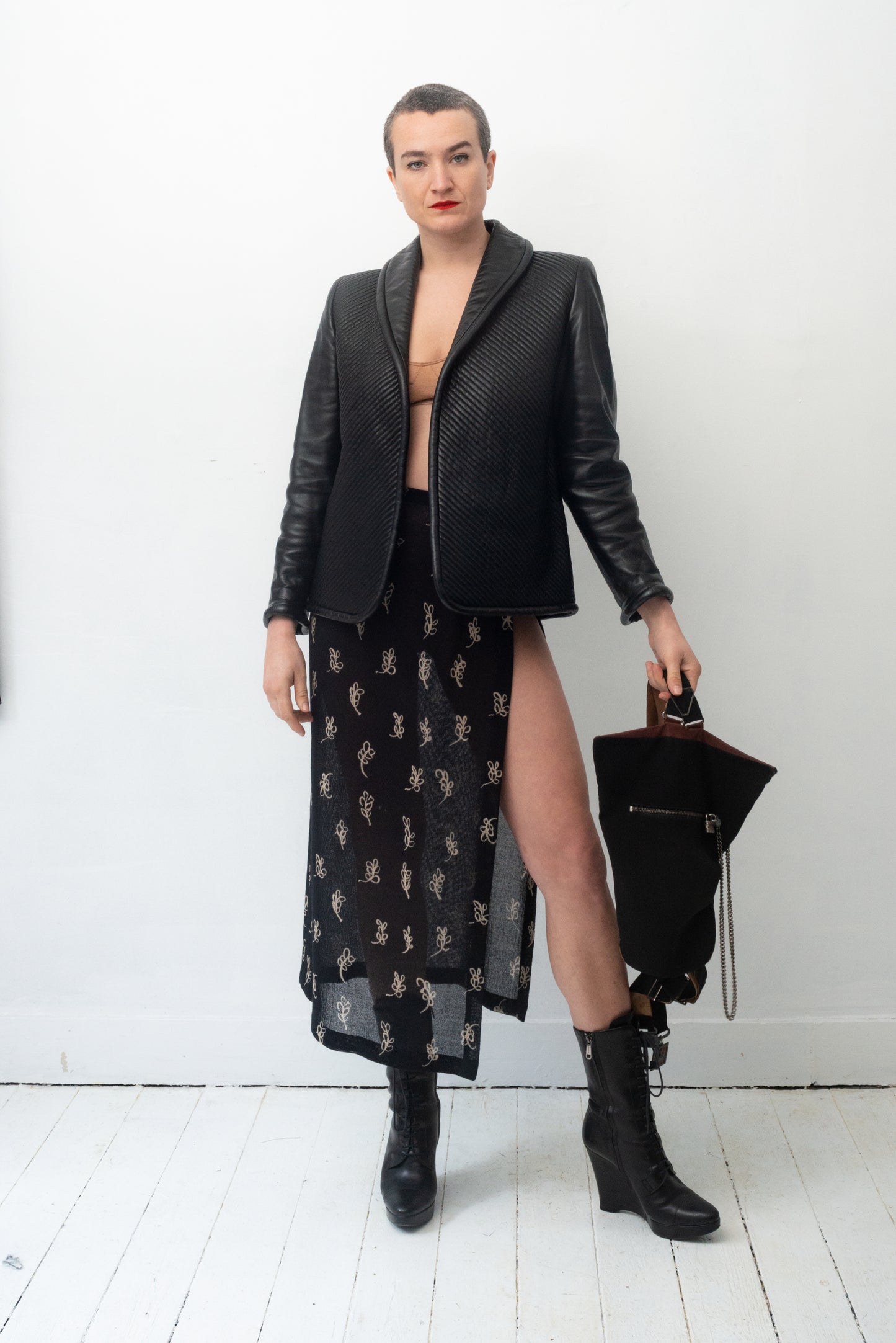Krizia 90's black knit floral pattern super high slit skirt