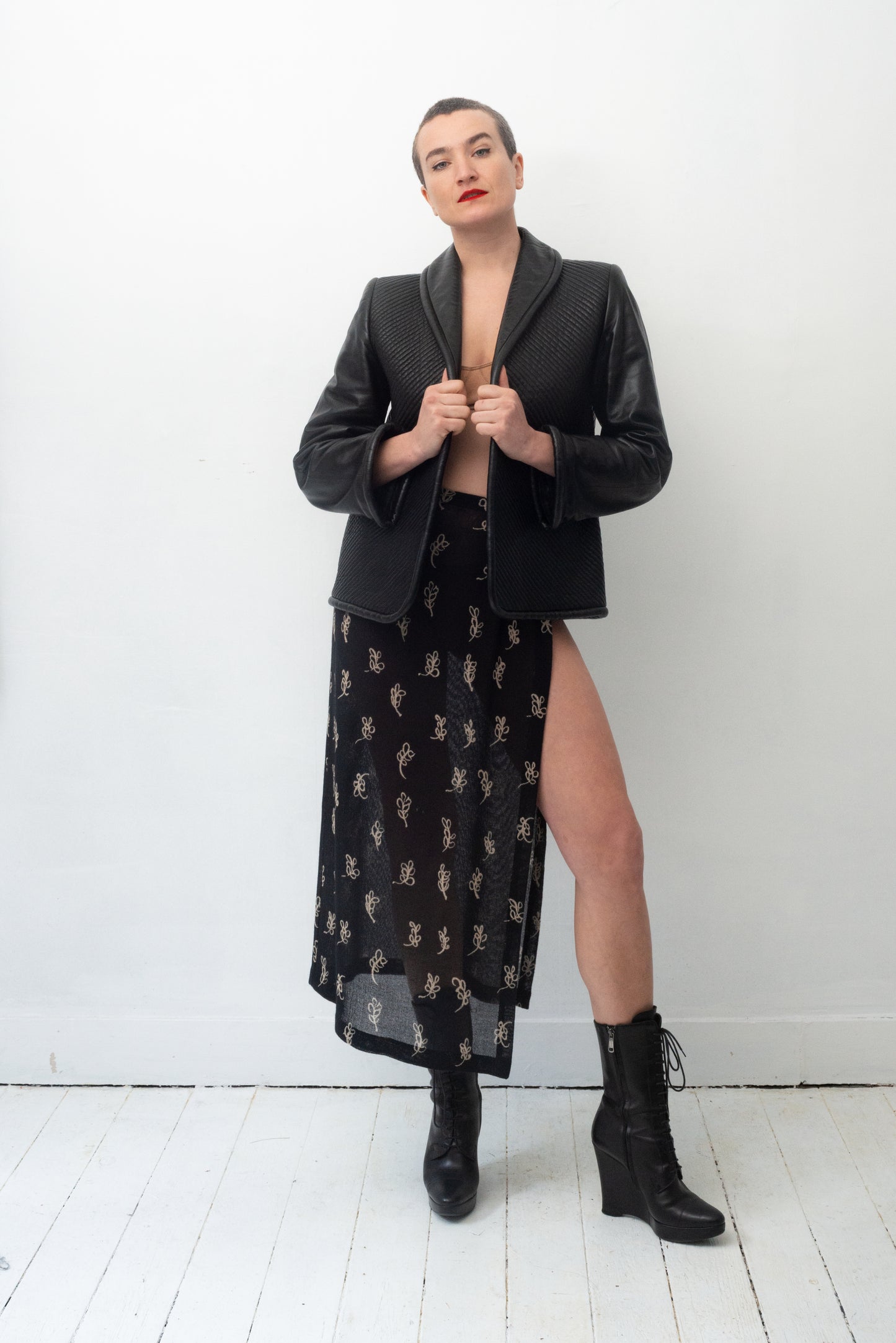 Krizia 90's black knit floral pattern super high slit skirt