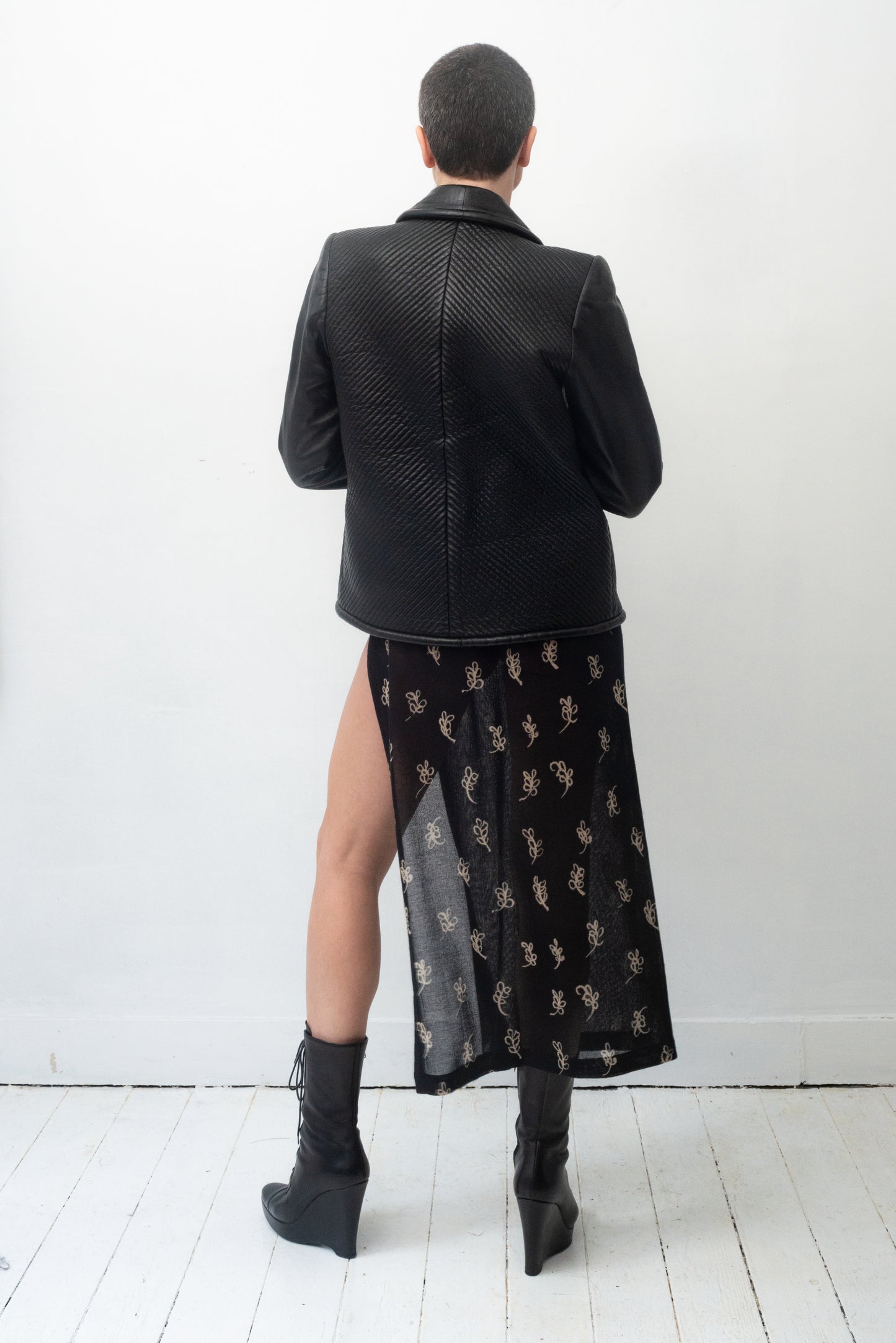 Krizia 90's black knit floral pattern super high slit skirt