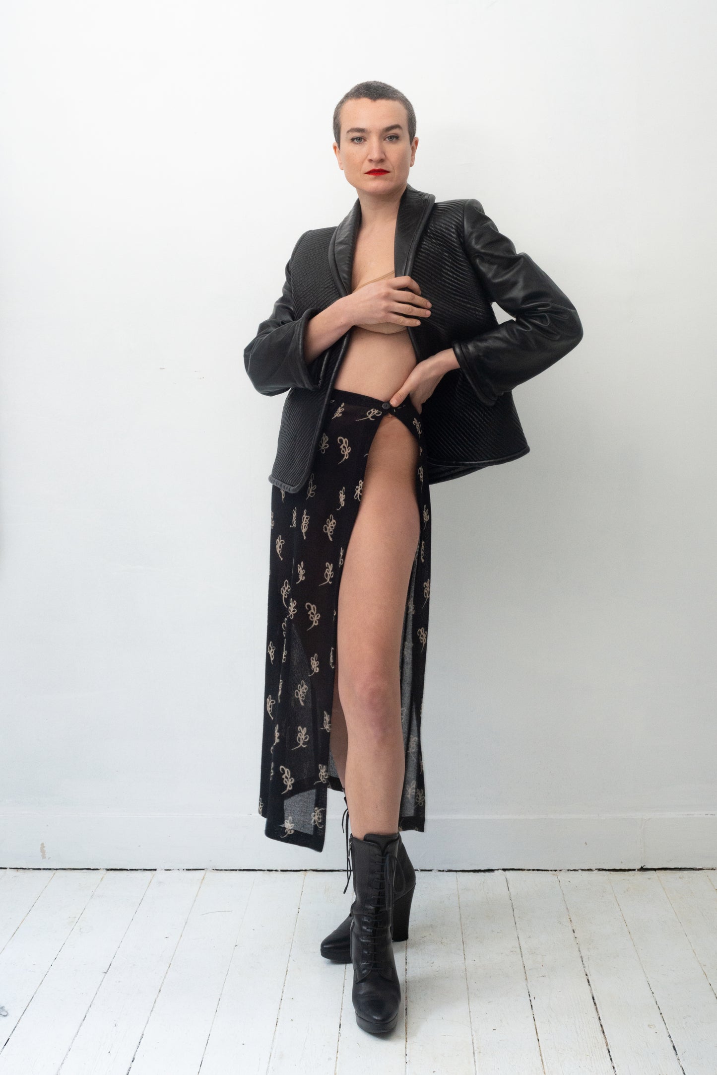 Krizia 90's black knit floral pattern super high slit skirt