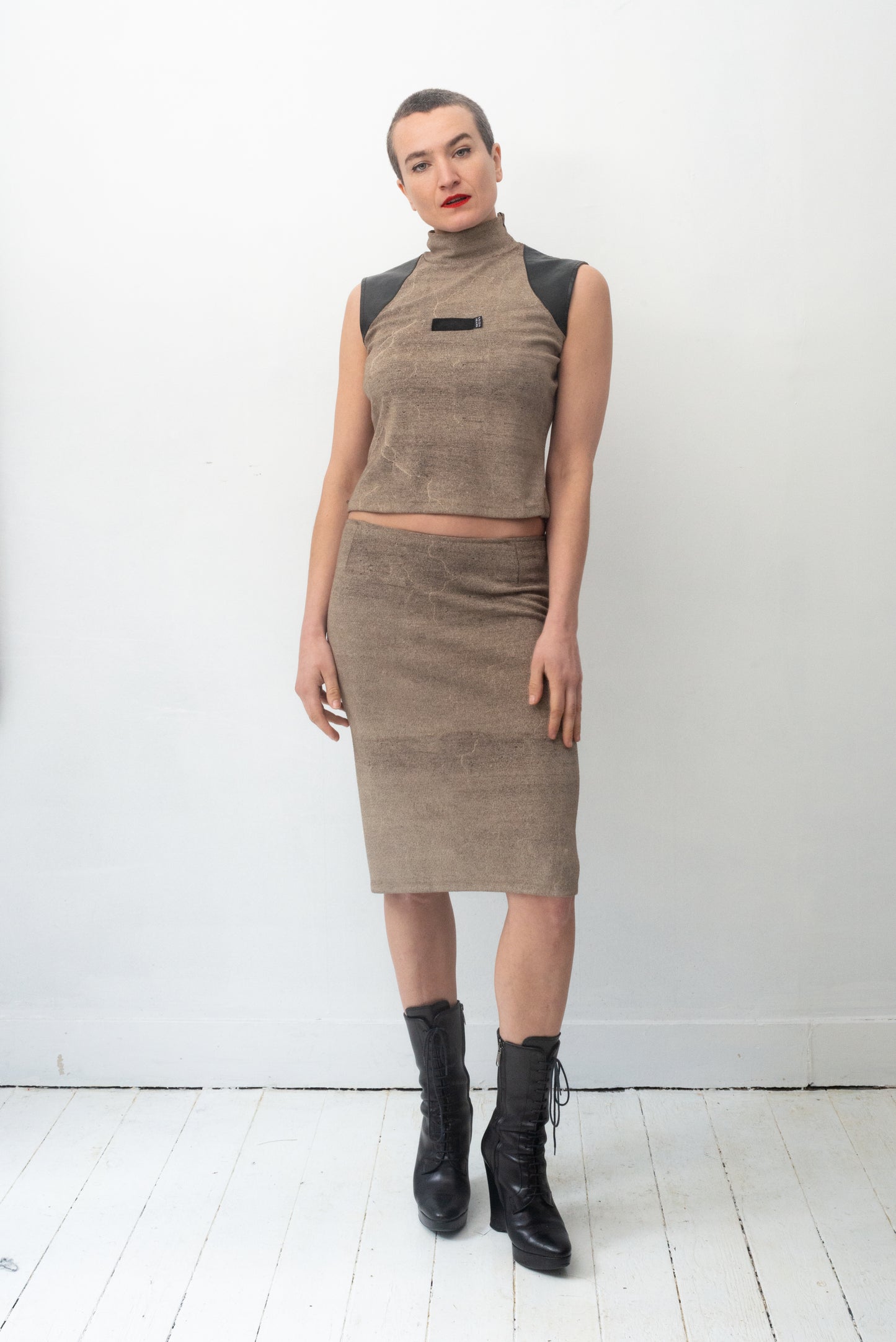 Krizia 90's stretchy skirt set with faux leather