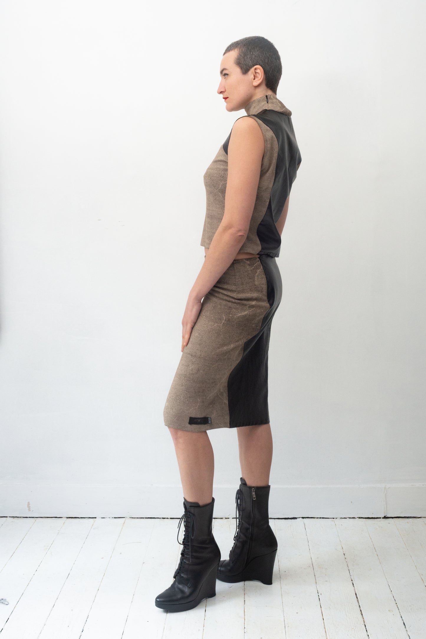 Krizia 90's stretchy skirt set with faux leather
